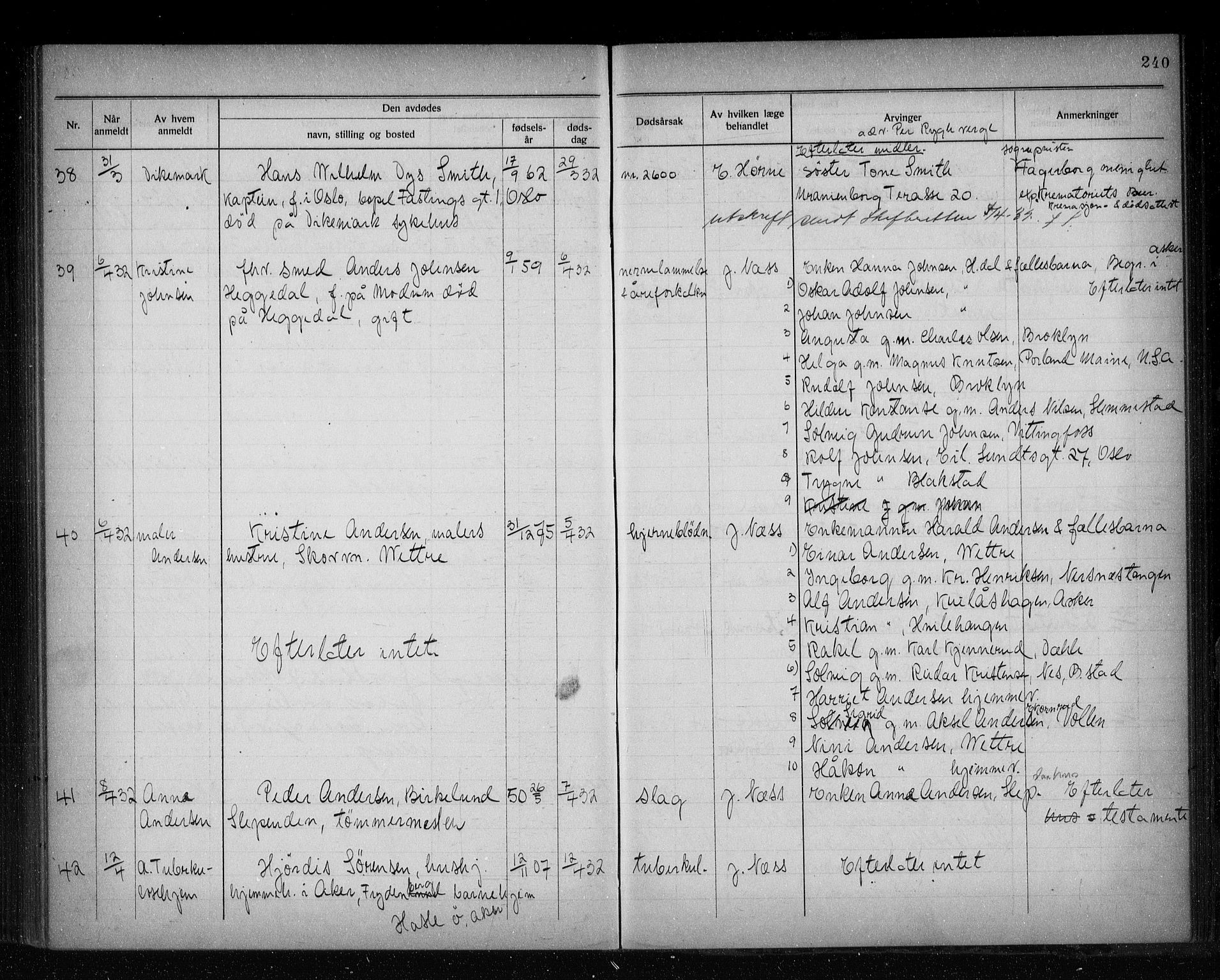 Asker lensmannskontor, AV/SAO-A-10244/H/Ha/Haa/L0002: Dødsanmeldelsesprotokoll, 1920-1933, p. 240