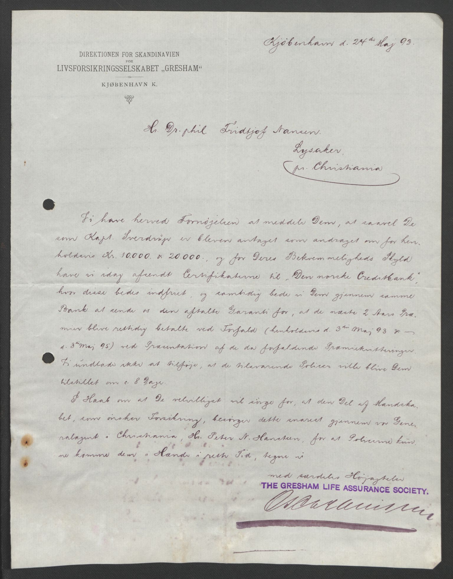 Arbeidskomitéen for Fridtjof Nansens polarekspedisjon, RA/PA-0061/D/L0003/0002: Innk. brev og telegrammer vedr. proviant og utrustning / Utrustningen m.m. - korrespondanse, 1893, p. 177