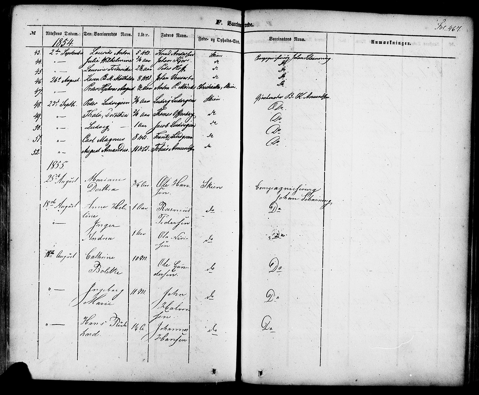 Skien kirkebøker, SAKO/A-302/F/Fa/L0006a: Parish register (official) no. 6A, 1843-1856, p. 467