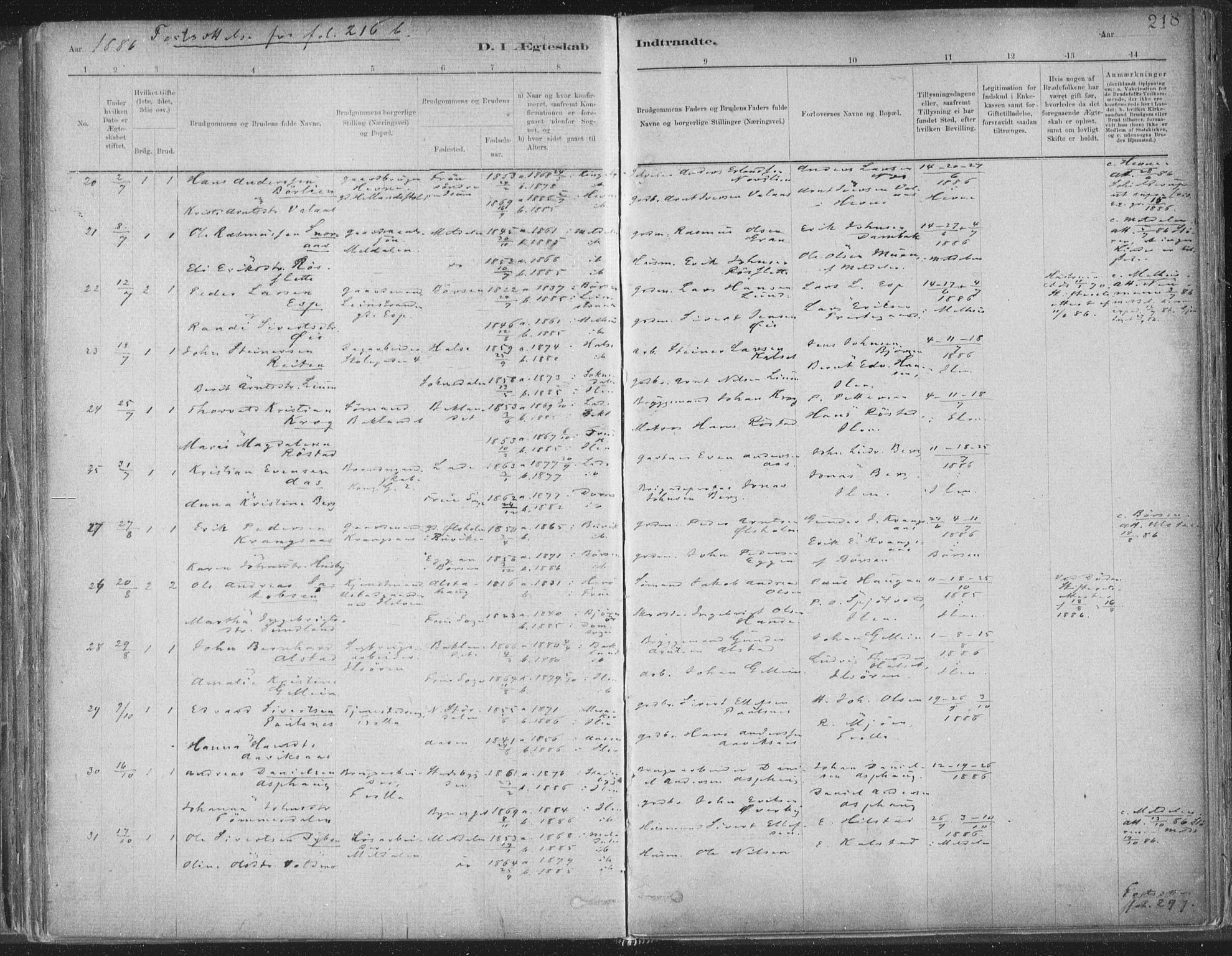 Ministerialprotokoller, klokkerbøker og fødselsregistre - Sør-Trøndelag, AV/SAT-A-1456/603/L0162: Parish register (official) no. 603A01, 1879-1895, p. 218