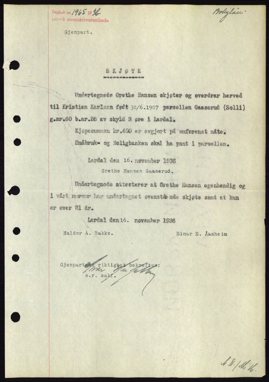 Larvik sorenskriveri, SAKO/A-83/G/Ga/Gab/L0067: Mortgage book no. A-1, 1936-1937, Diary no: : 1965/1936
