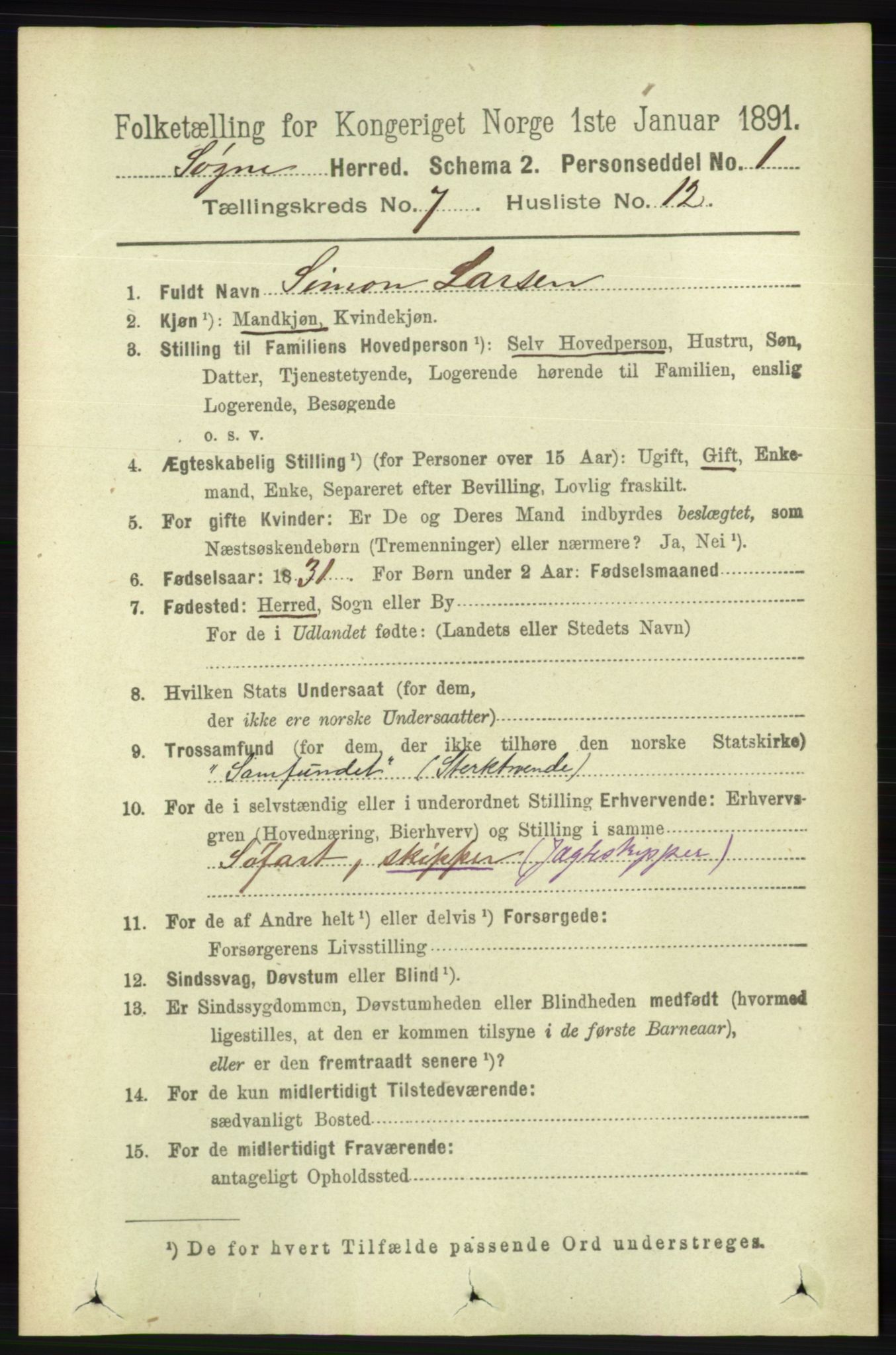 RA, 1891 census for 1018 Søgne, 1891, p. 1601