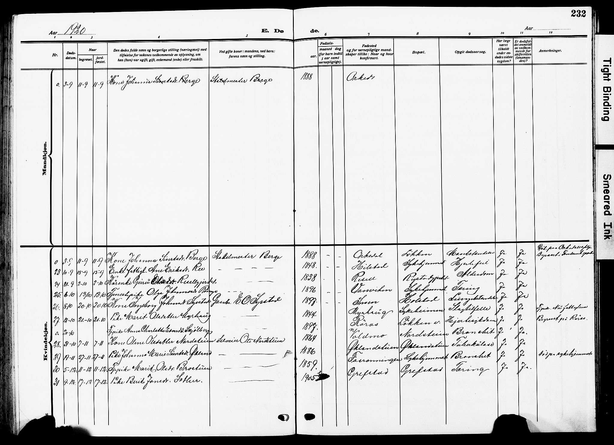 Ministerialprotokoller, klokkerbøker og fødselsregistre - Sør-Trøndelag, SAT/A-1456/672/L0865: Parish register (copy) no. 672C04, 1914-1928, p. 232
