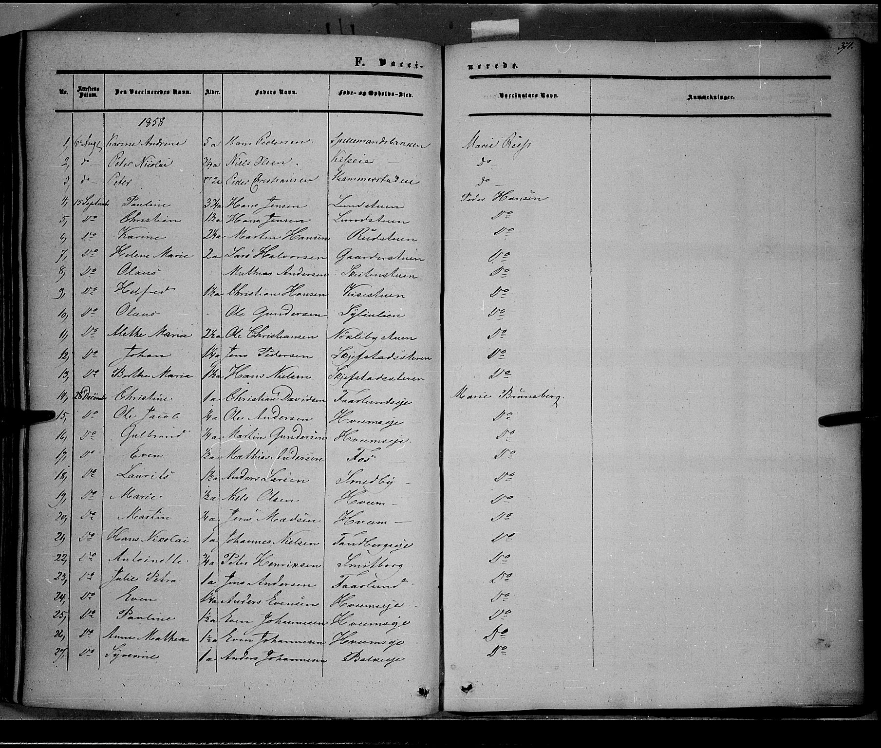 Østre Toten prestekontor, SAH/PREST-104/H/Ha/Haa/L0004: Parish register (official) no. 4, 1857-1865, p. 371