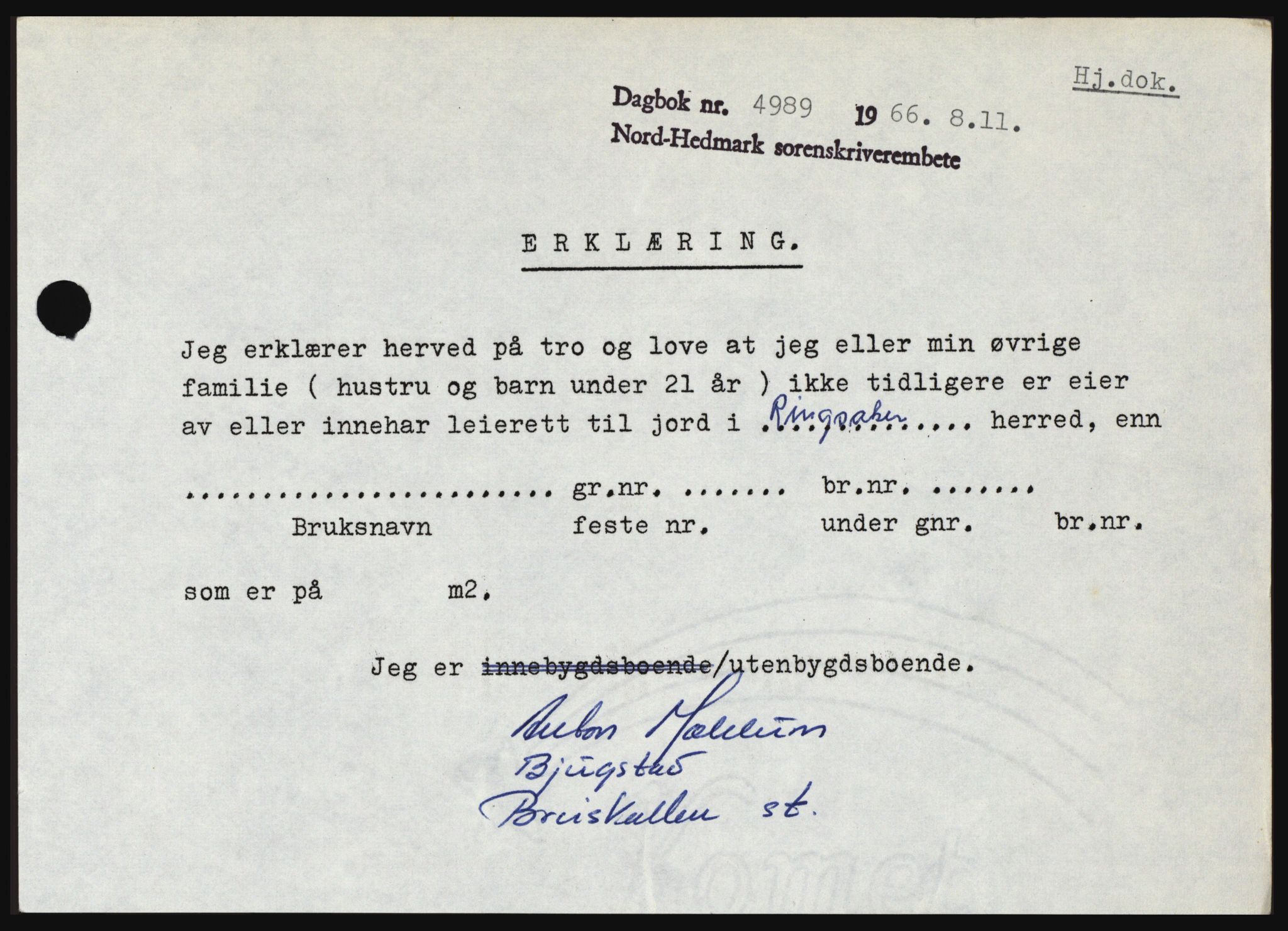 Nord-Hedmark sorenskriveri, AV/SAH-TING-012/H/Hc/L0024: Mortgage book no. 24, 1966-1966, Diary no: : 4989/1966