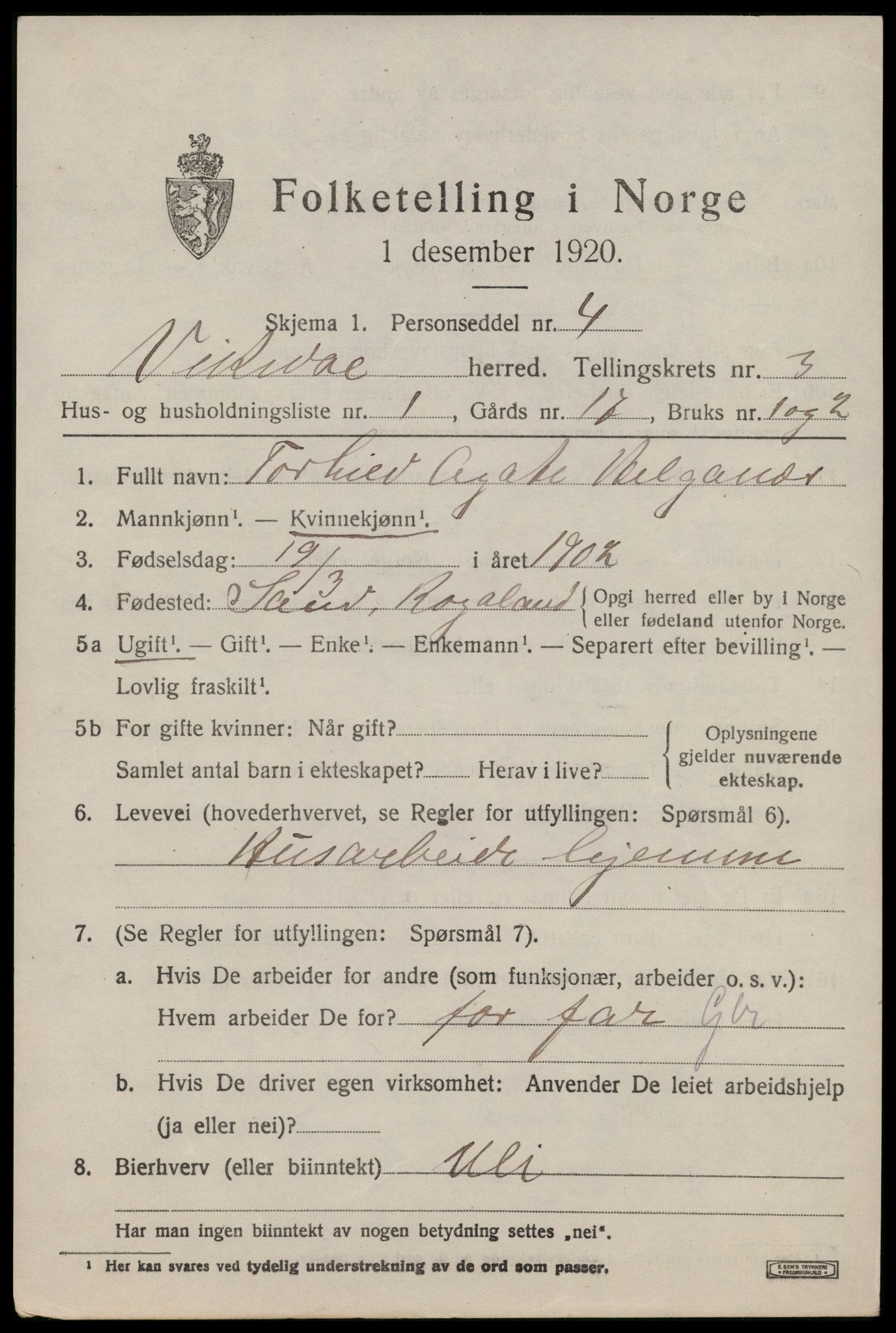 SAST, 1920 census for Vikedal, 1920, p. 1829