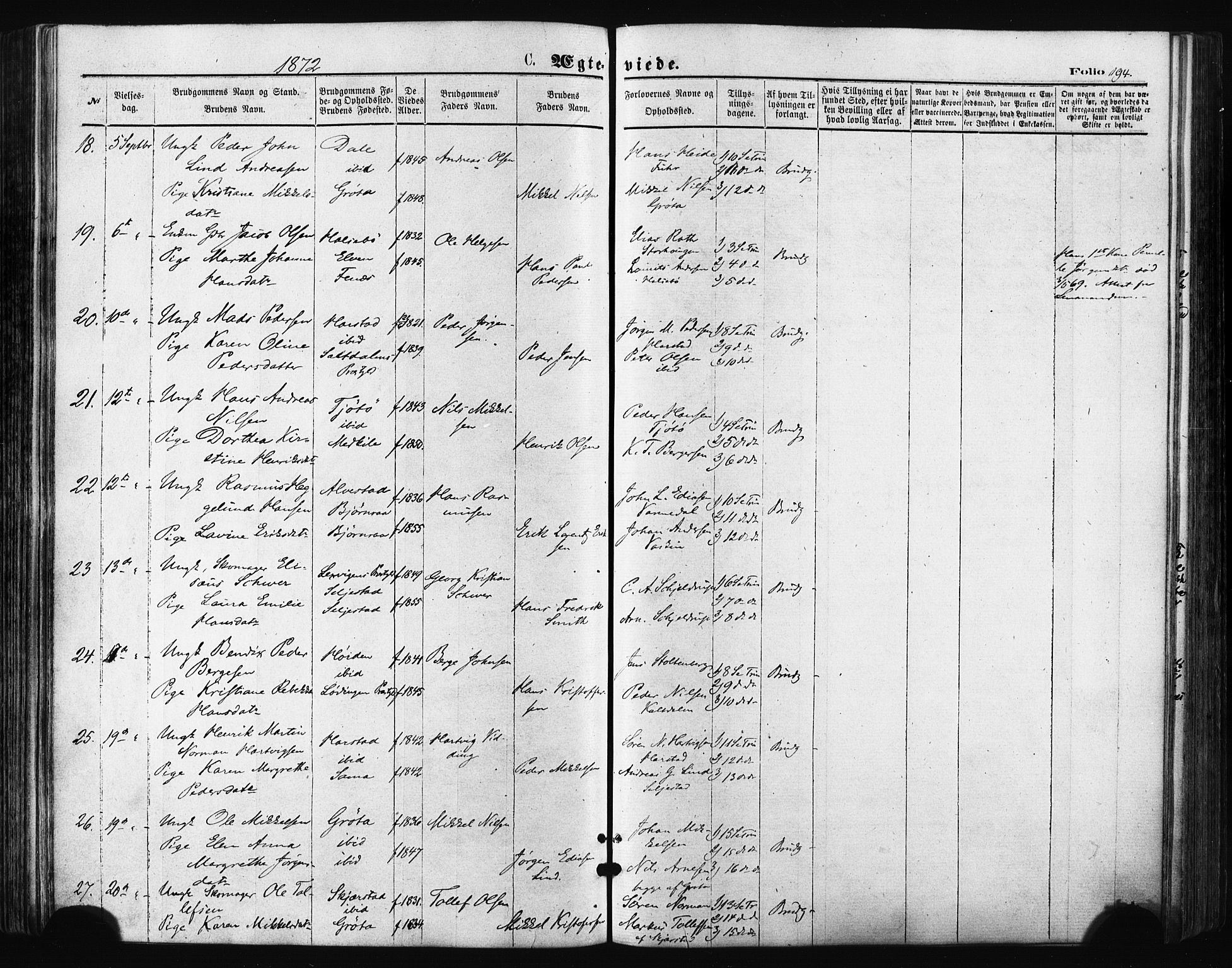 Trondenes sokneprestkontor, AV/SATØ-S-1319/H/Ha/L0013kirke: Parish register (official) no. 13, 1870-1878, p. 194