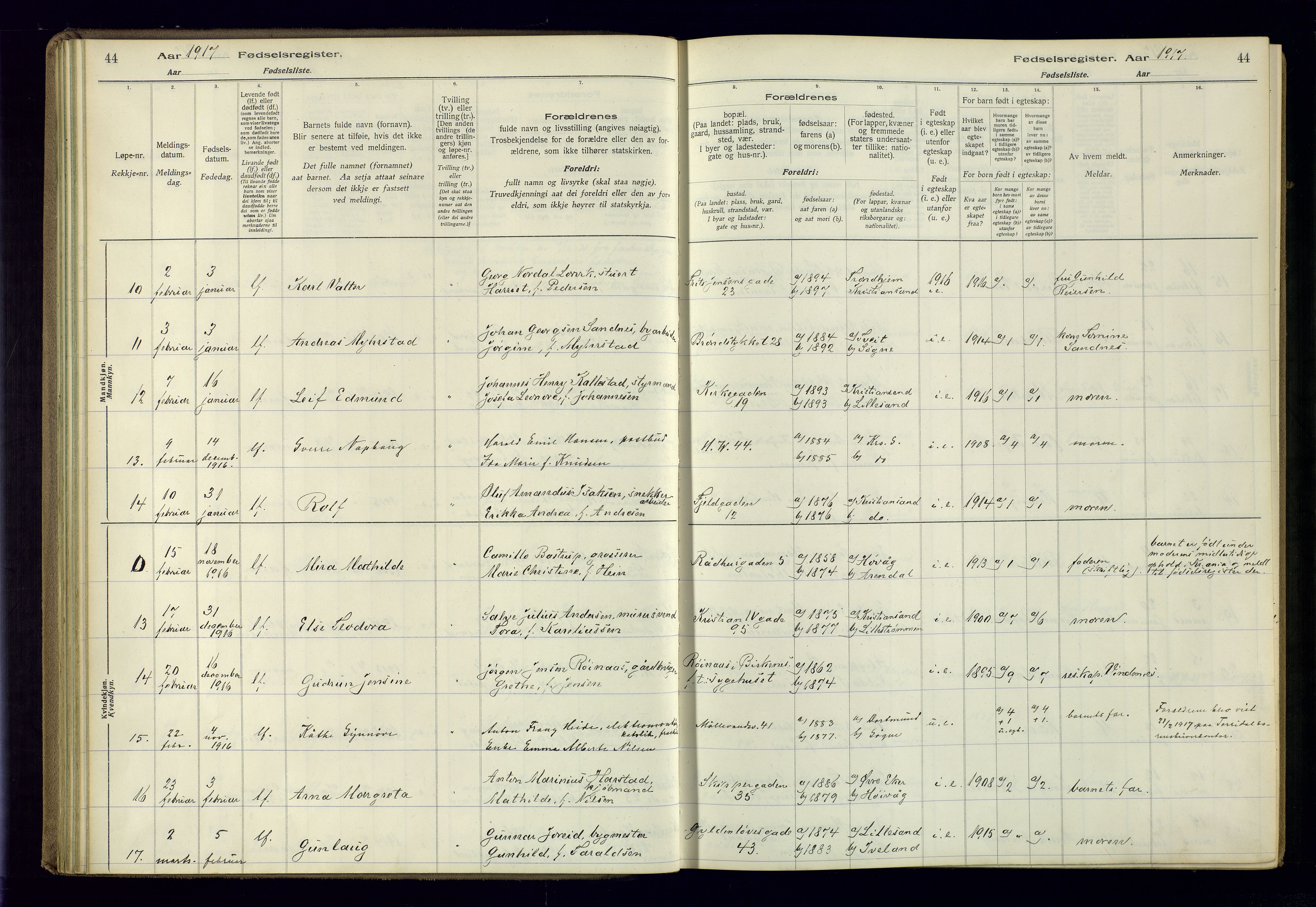 Kristiansand domprosti, AV/SAK-1112-0006/J/Jc/L0001: Birth register no. A-VI-45, 1916-1921, p. 44