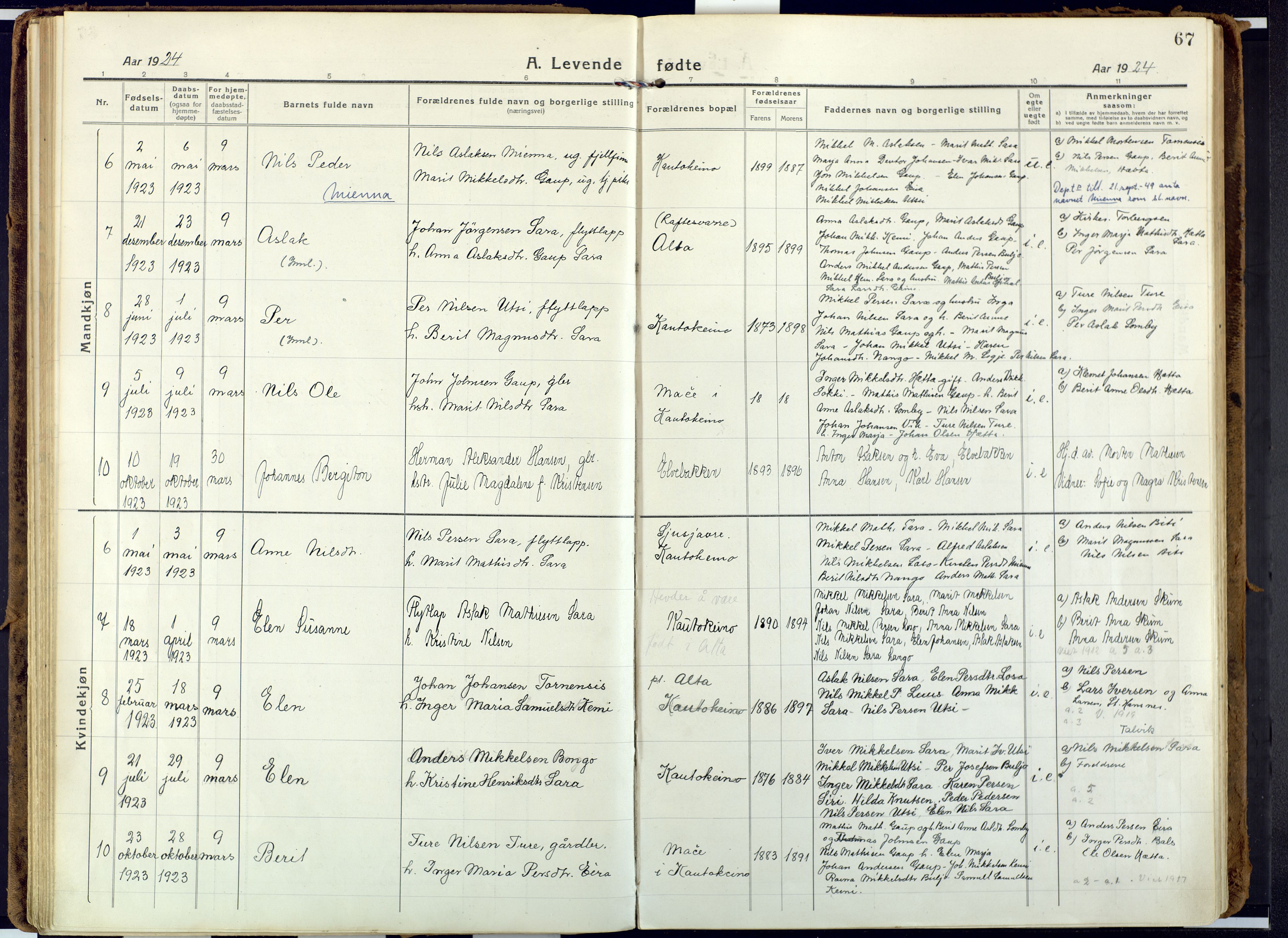 Alta sokneprestkontor, SATØ/S-1338/H/Ha: Parish register (official) no. 6, 1918-1931, p. 67