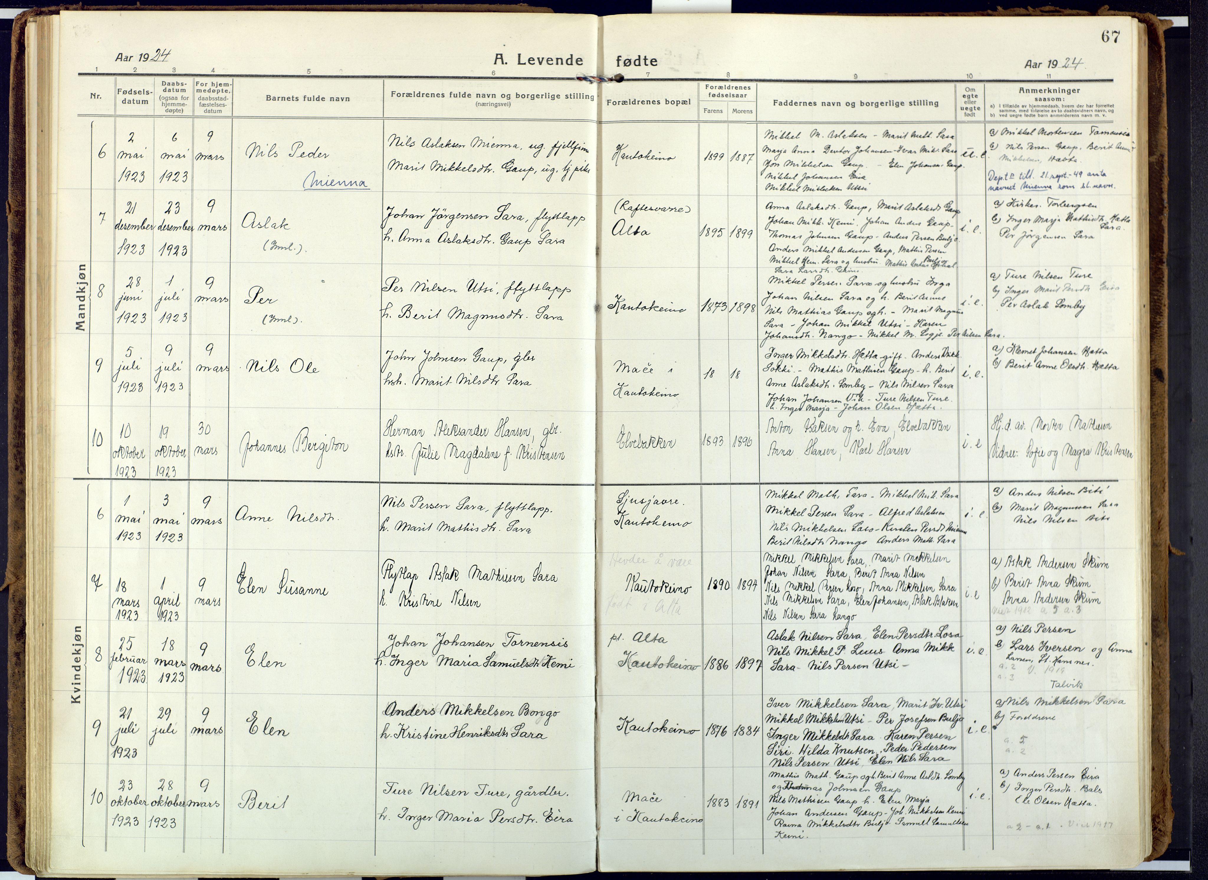 Alta sokneprestkontor, AV/SATØ-S-1338/H/Ha: Parish register (official) no. 6, 1918-1931, p. 67