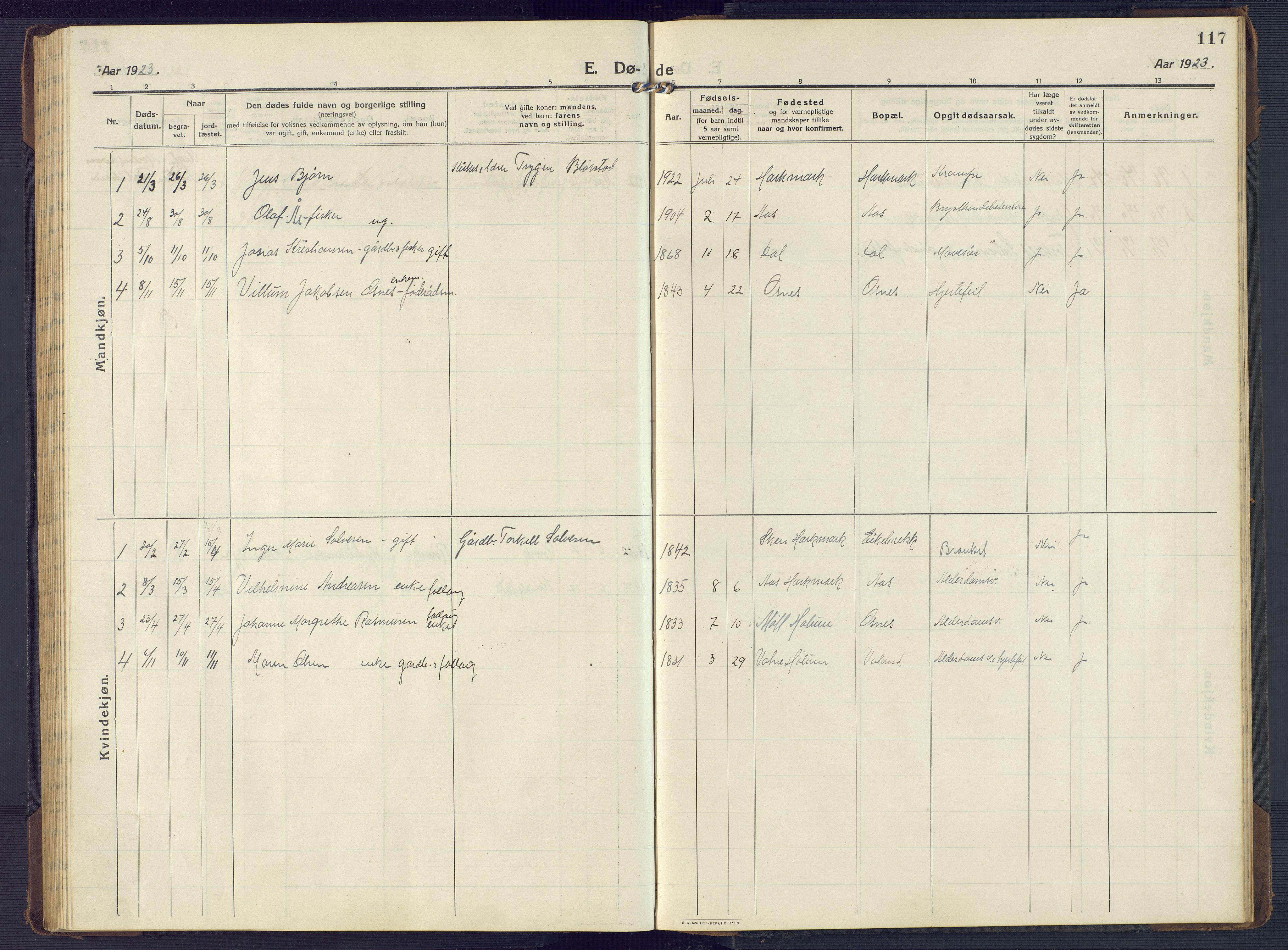 Mandal sokneprestkontor, SAK/1111-0030/F/Fb/Fbb/L0005: Parish register (copy) no. B 5, 1913-1957, p. 117