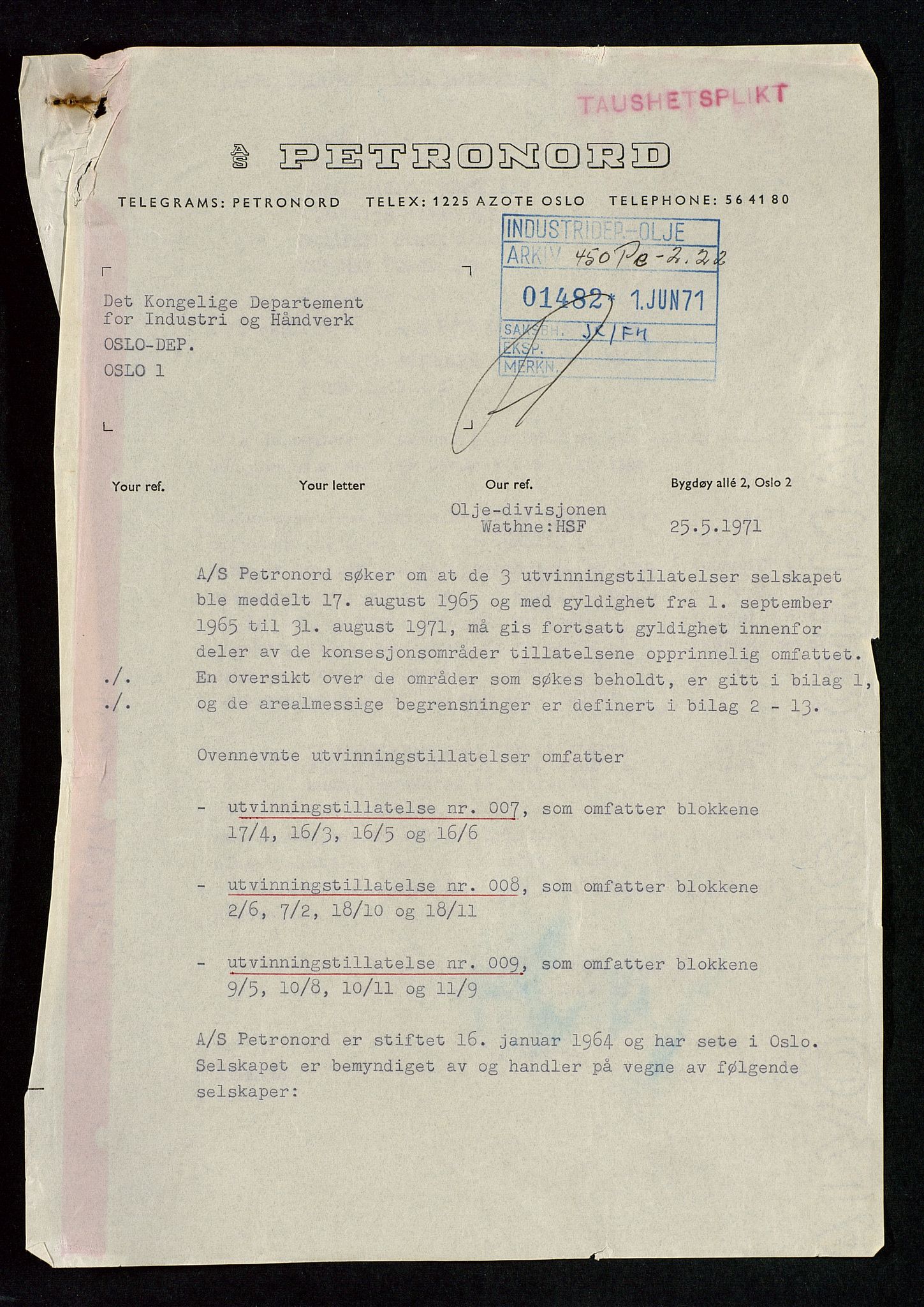 Industridepartementet, Oljekontoret, AV/SAST-A-101348/Da/L0004: Arkivnøkkel 711 - 712 Utvinningstillatelser, 1970-1971, p. 405