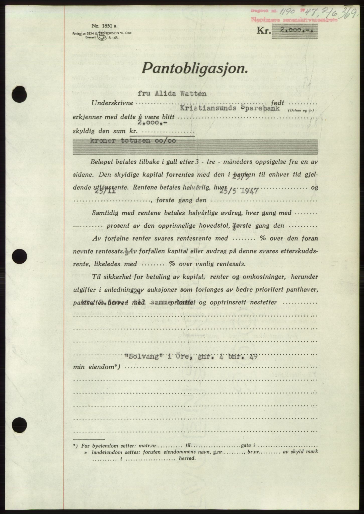 Nordmøre sorenskriveri, AV/SAT-A-4132/1/2/2Ca: Mortgage book no. B96, 1947-1947, Diary no: : 1190/1947