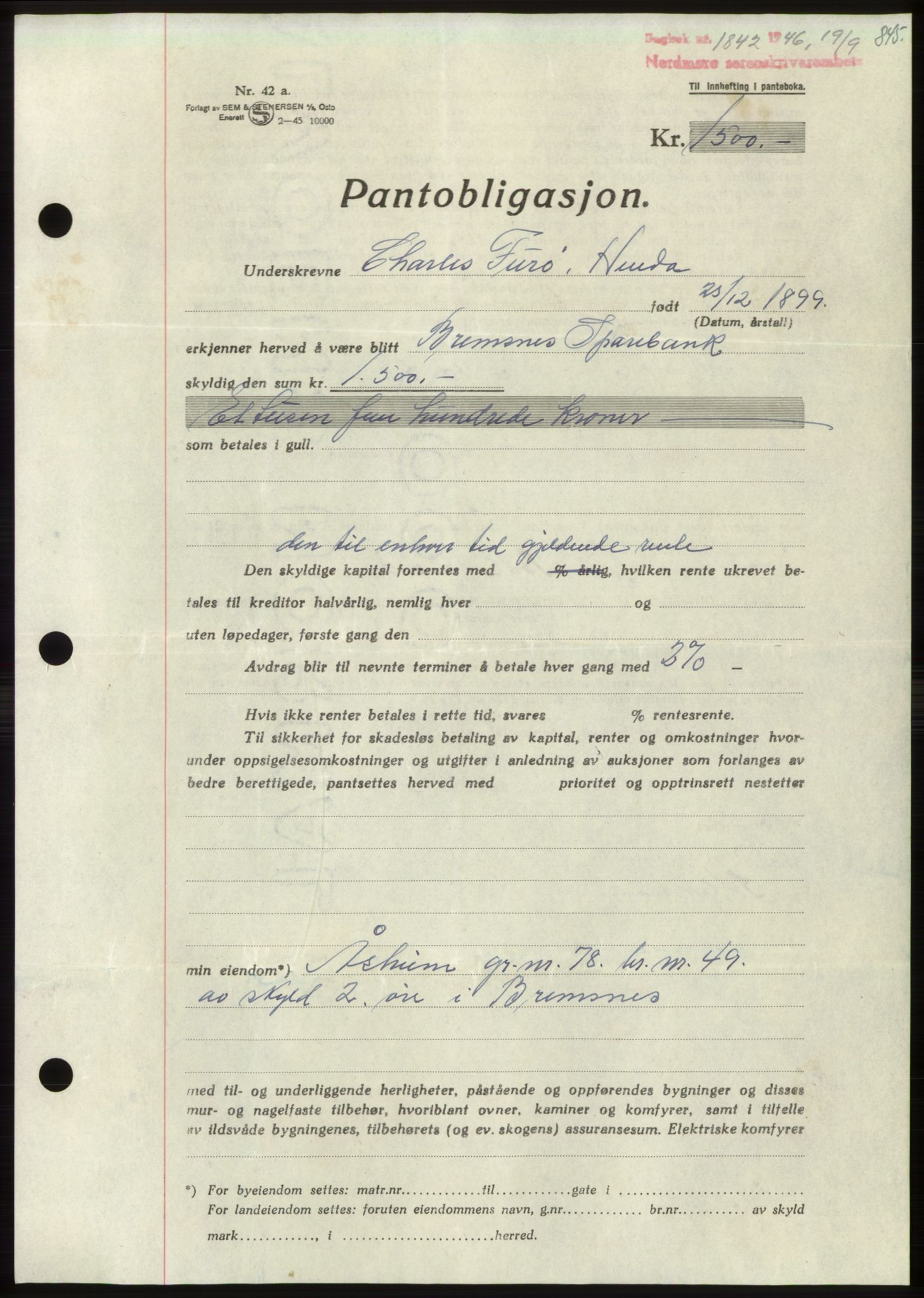 Nordmøre sorenskriveri, AV/SAT-A-4132/1/2/2Ca: Mortgage book no. B94, 1946-1946, Diary no: : 1842/1946