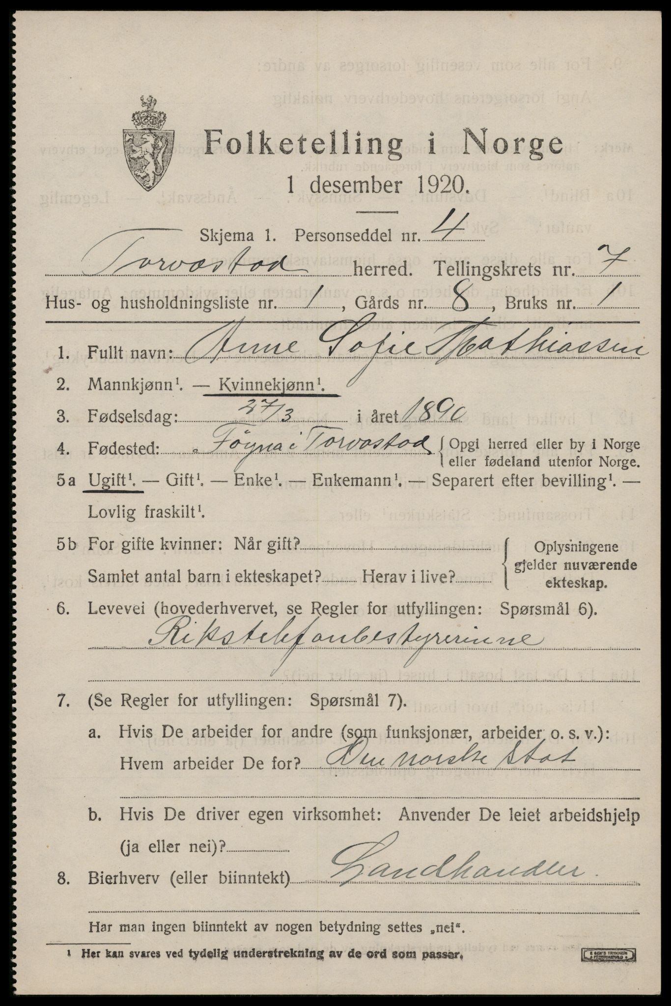 SAST, 1920 census for Torvastad, 1920, p. 5094