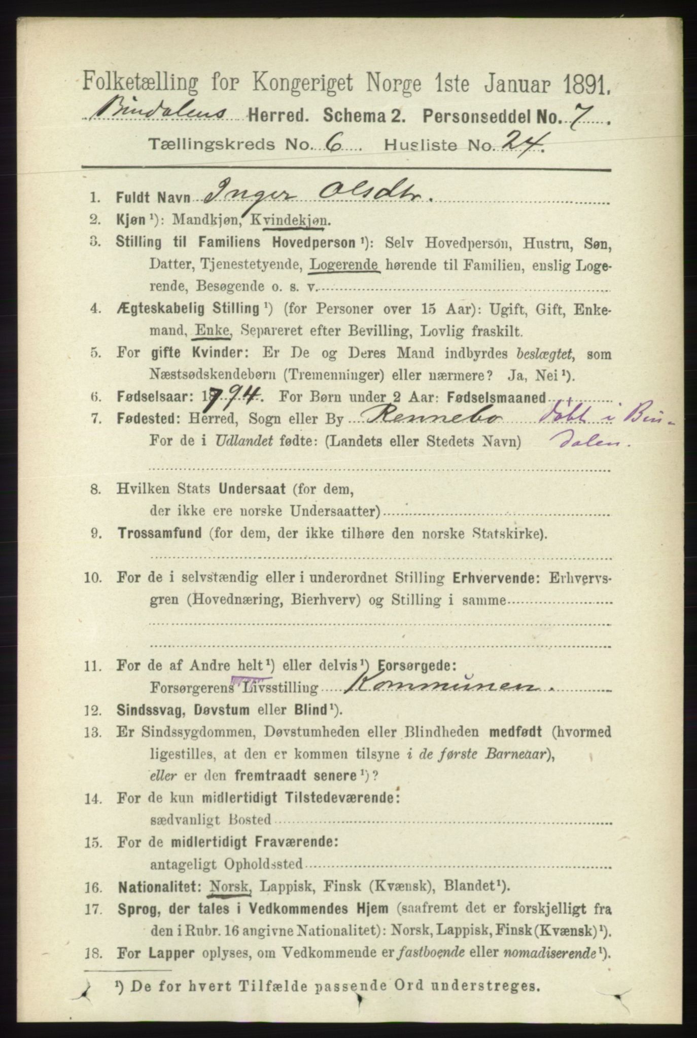 RA, 1891 census for 1811 Bindal, 1891, p. 1873