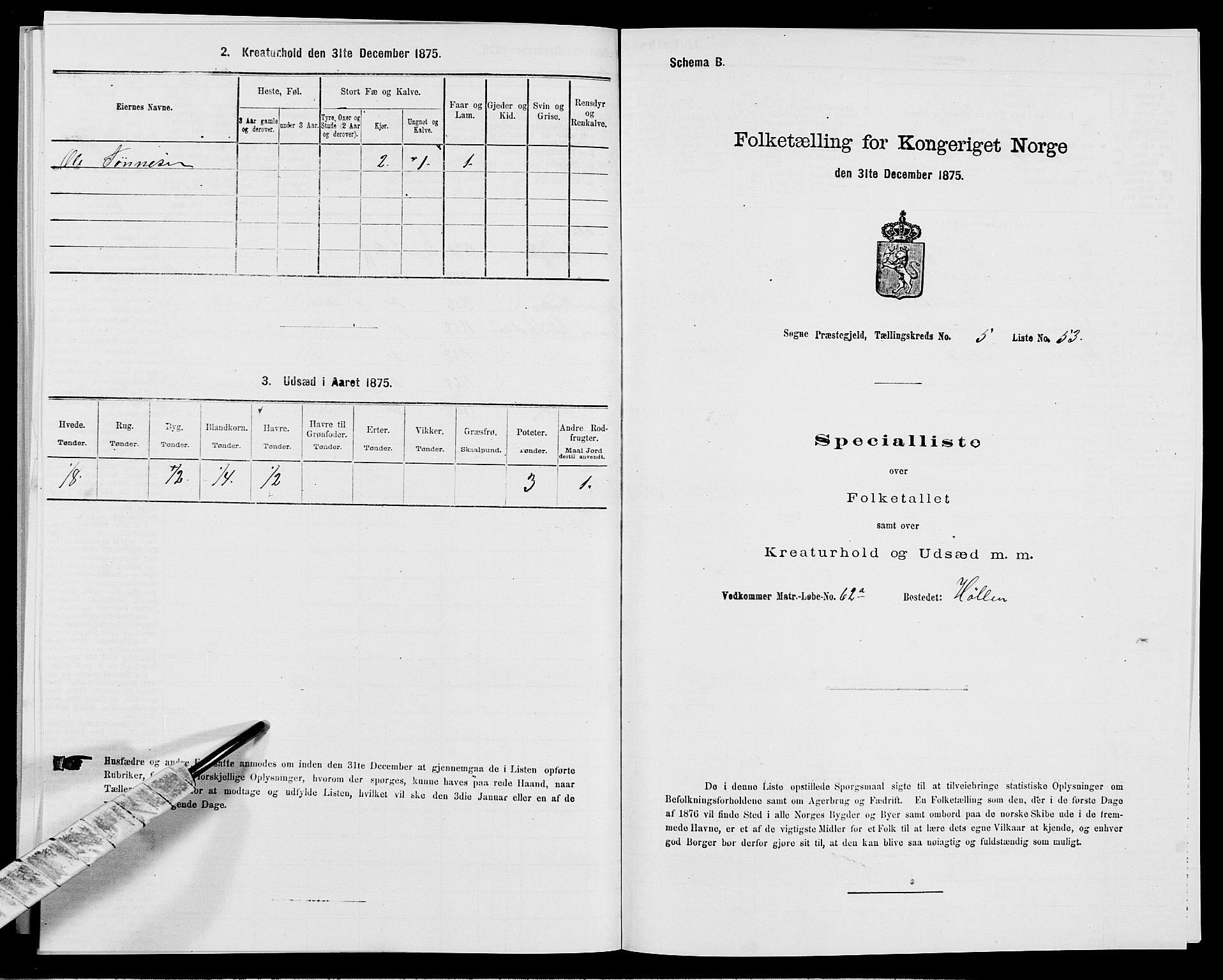 SAK, 1875 census for 1018P Søgne, 1875, p. 461