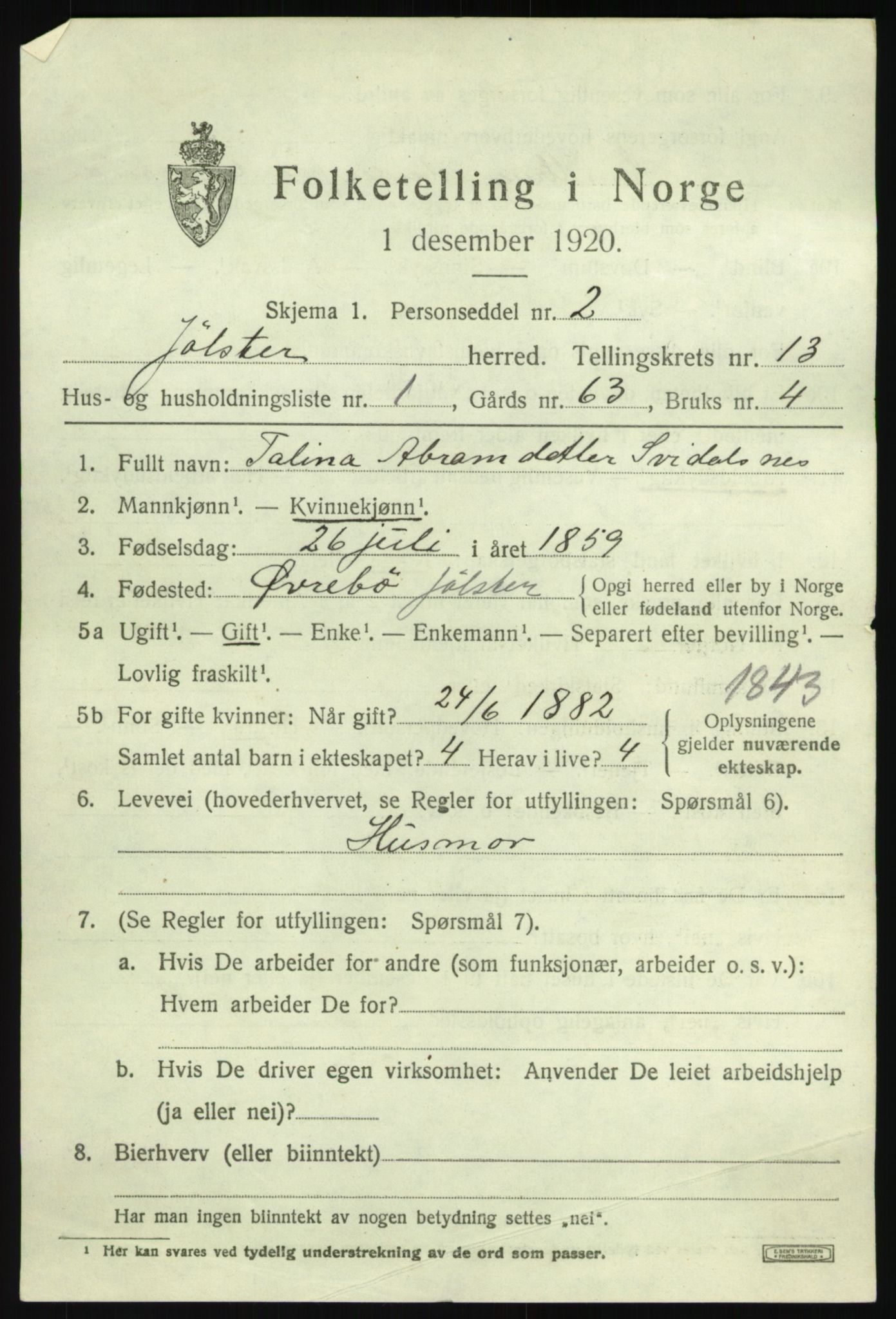 SAB, 1920 census for Jølster, 1920, p. 6028