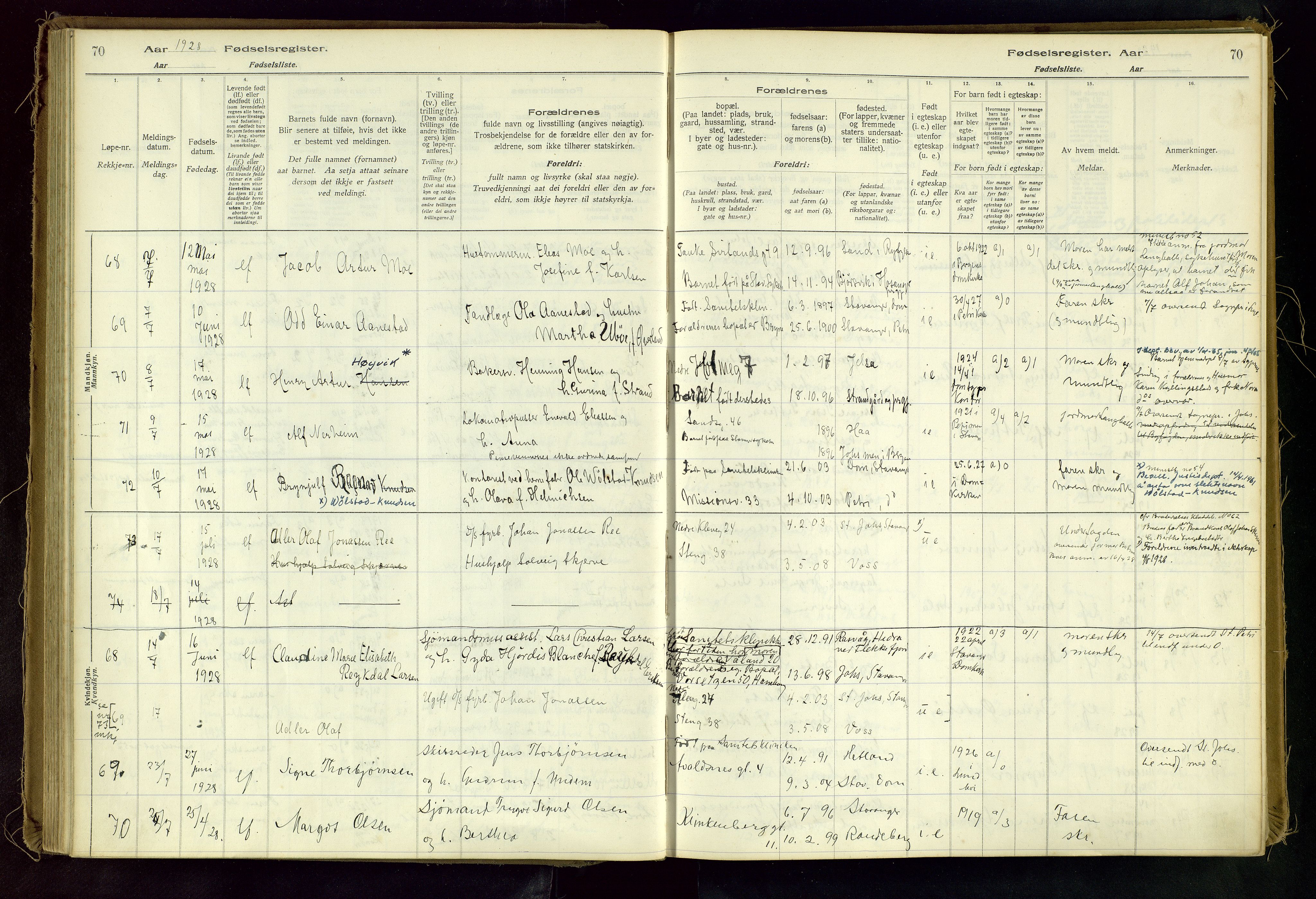 Domkirken sokneprestkontor, AV/SAST-A-101812/002/A/L0001: Birth register no. 1, 1925-1932, p. 70