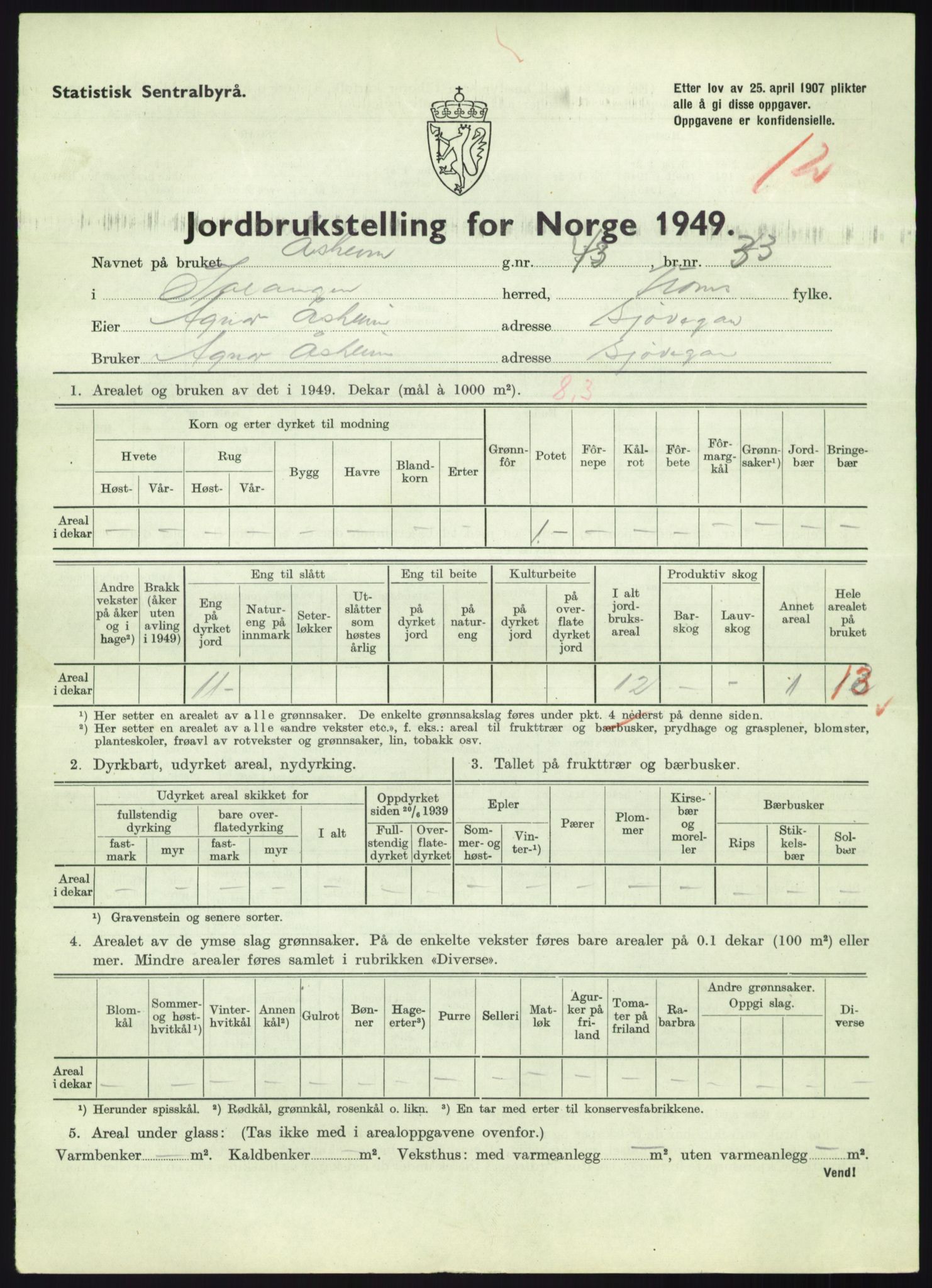 Statistisk sentralbyrå, Næringsøkonomiske emner, Jordbruk, skogbruk, jakt, fiske og fangst, AV/RA-S-2234/G/Gc/L0438: Troms: Salangen og Bardu, 1949, p. 227