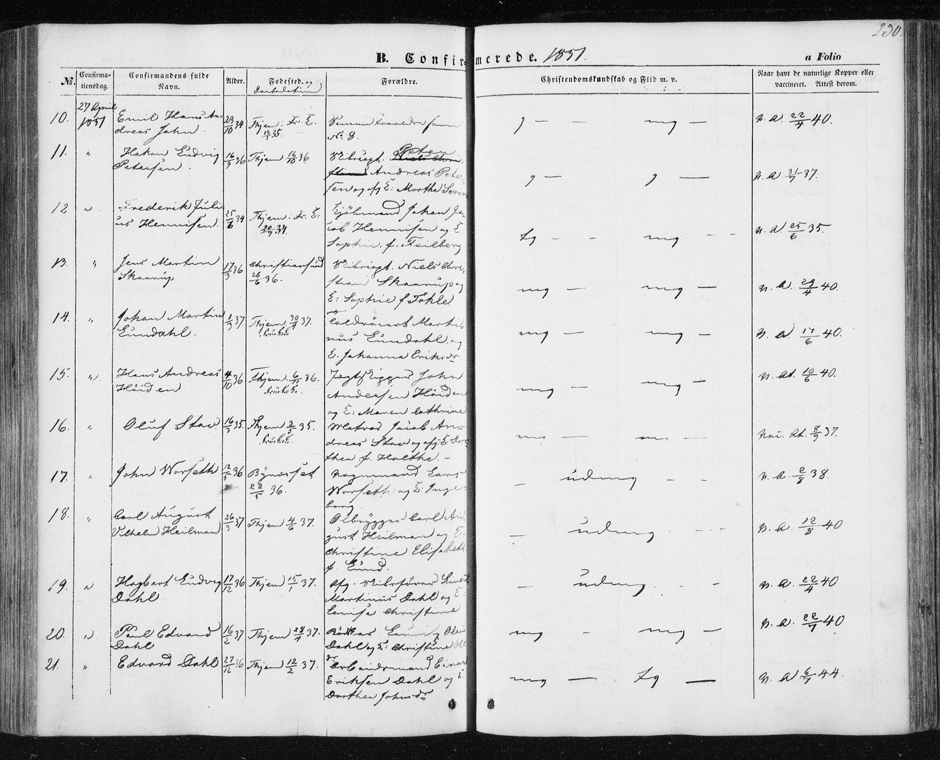 Ministerialprotokoller, klokkerbøker og fødselsregistre - Sør-Trøndelag, SAT/A-1456/602/L0112: Parish register (official) no. 602A10, 1848-1859, p. 230