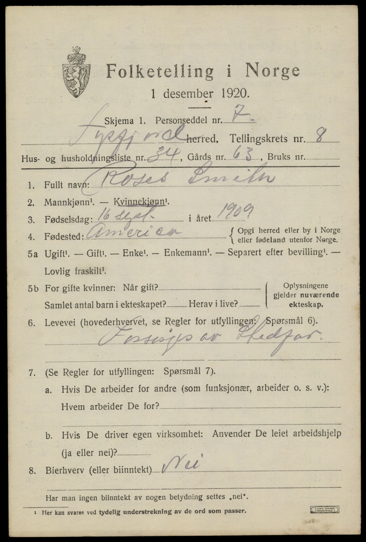 SAT, 1920 census for Tysfjord, 1920, p. 6255