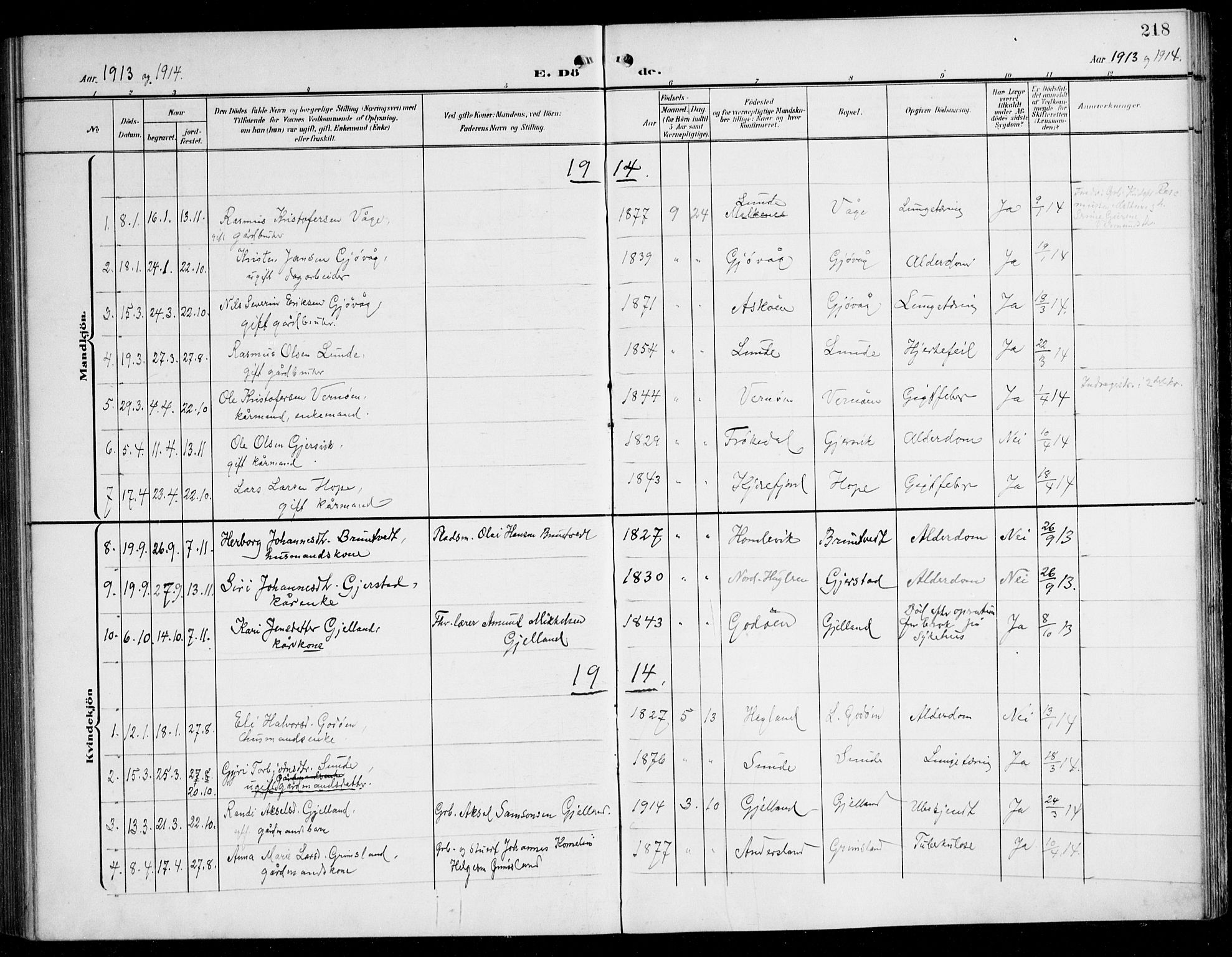 Tysnes sokneprestembete, SAB/A-78601/H/Haa: Parish register (official) no. B 2, 1907-1925, p. 218