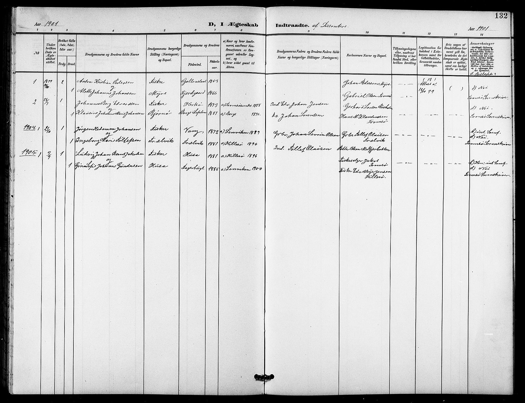 Lenvik sokneprestembete, SATØ/S-1310/H/Ha/Hab/L0022klokker: Parish register (copy) no. 22, 1901-1918, p. 132