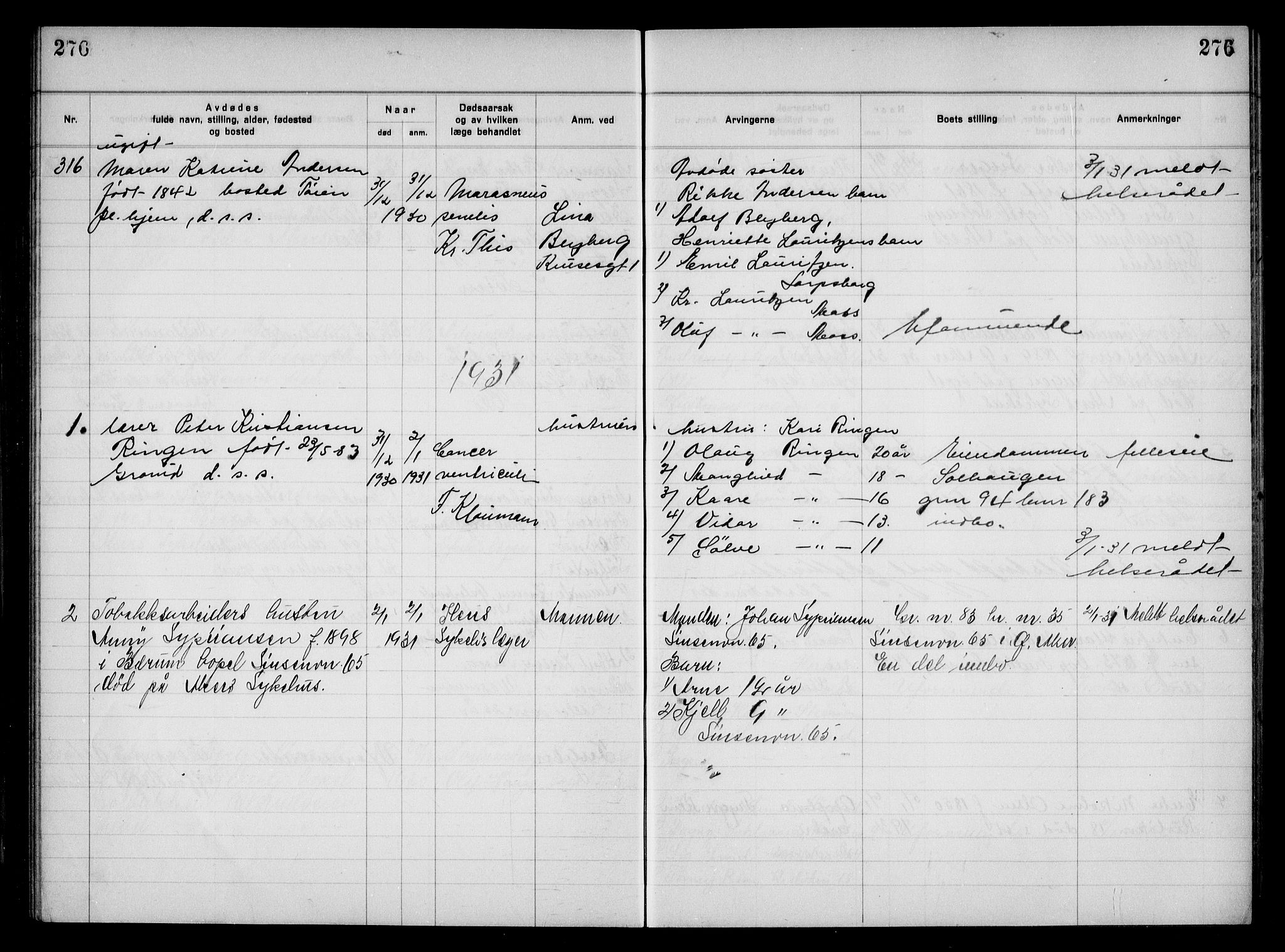 Aker kriminaldommer, skifte- og auksjonsforvalterembete, AV/SAO-A-10452/H/Hb/Hba/Hbac/L0002: Dødsfallsprotokoll for Østre Aker, 1927-1931, p. 276