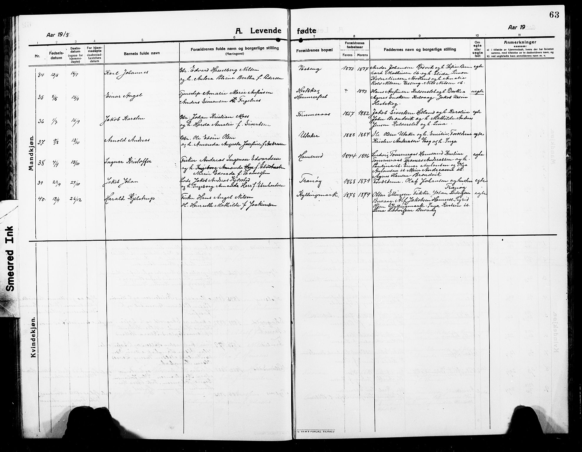 Ministerialprotokoller, klokkerbøker og fødselsregistre - Nordland, AV/SAT-A-1459/859/L0861: Parish register (copy) no. 859C07, 1910-1925, p. 63