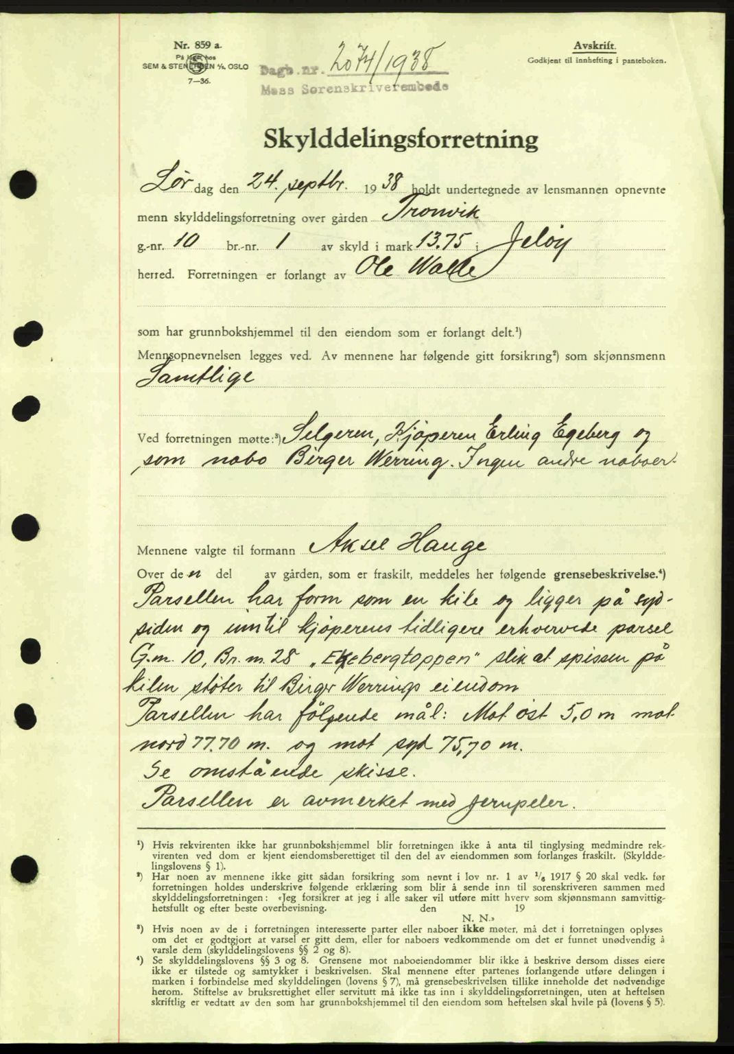 Moss sorenskriveri, SAO/A-10168: Mortgage book no. A5, 1938-1939, Diary no: : 2074/1938