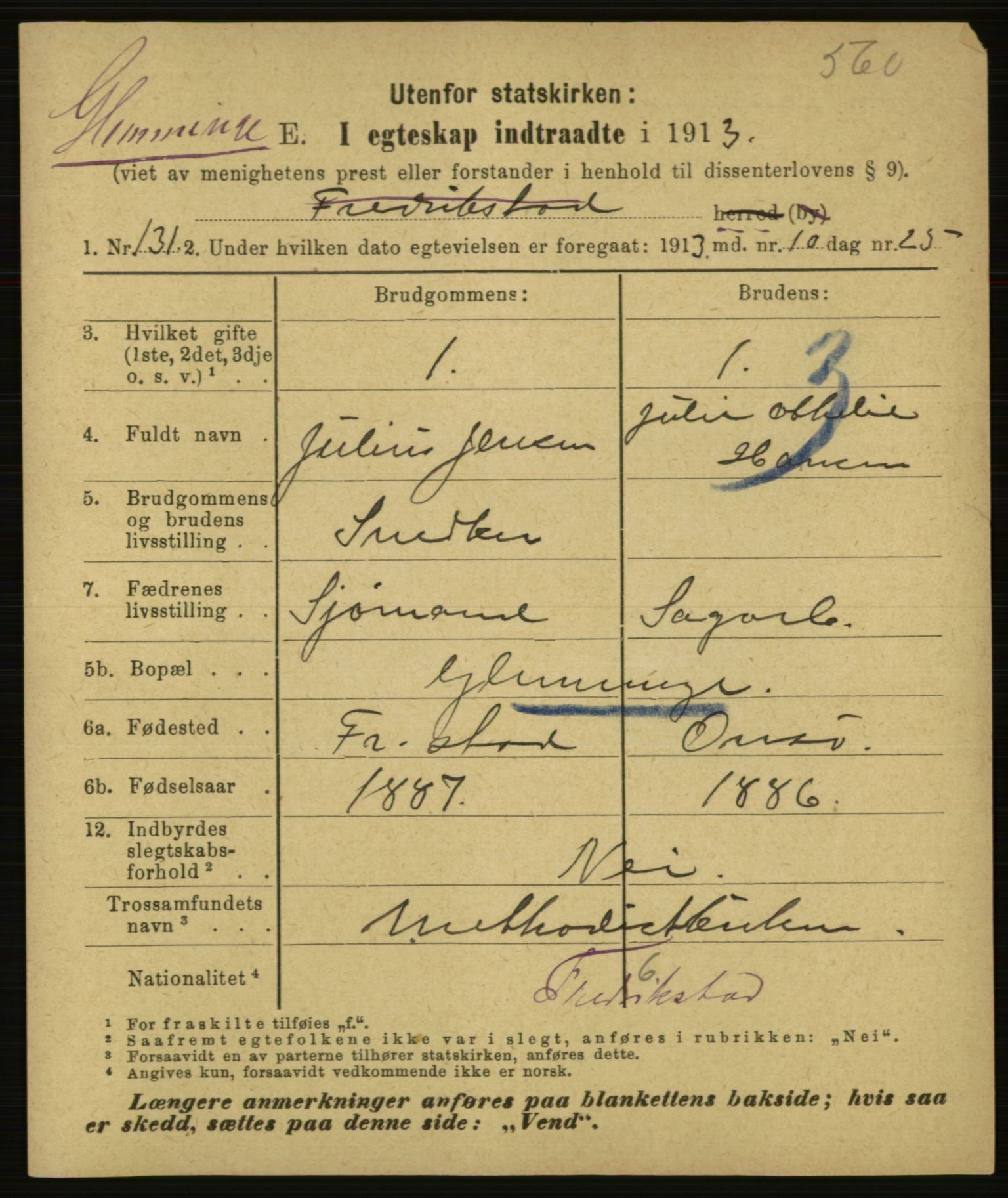 Statistisk sentralbyrå, Sosiodemografiske emner, Befolkning, AV/RA-S-2228/E/L0011: Fødte, gifte, døde dissentere., 1913, p. 1615