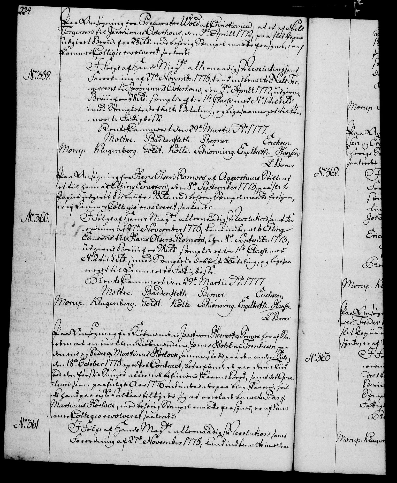 Rentekammeret, Kammerkanselliet, AV/RA-EA-3111/G/Gg/Gga/L0010: Norsk ekspedisjonsprotokoll med register (merket RK 53.10), 1773-1778, p. 224