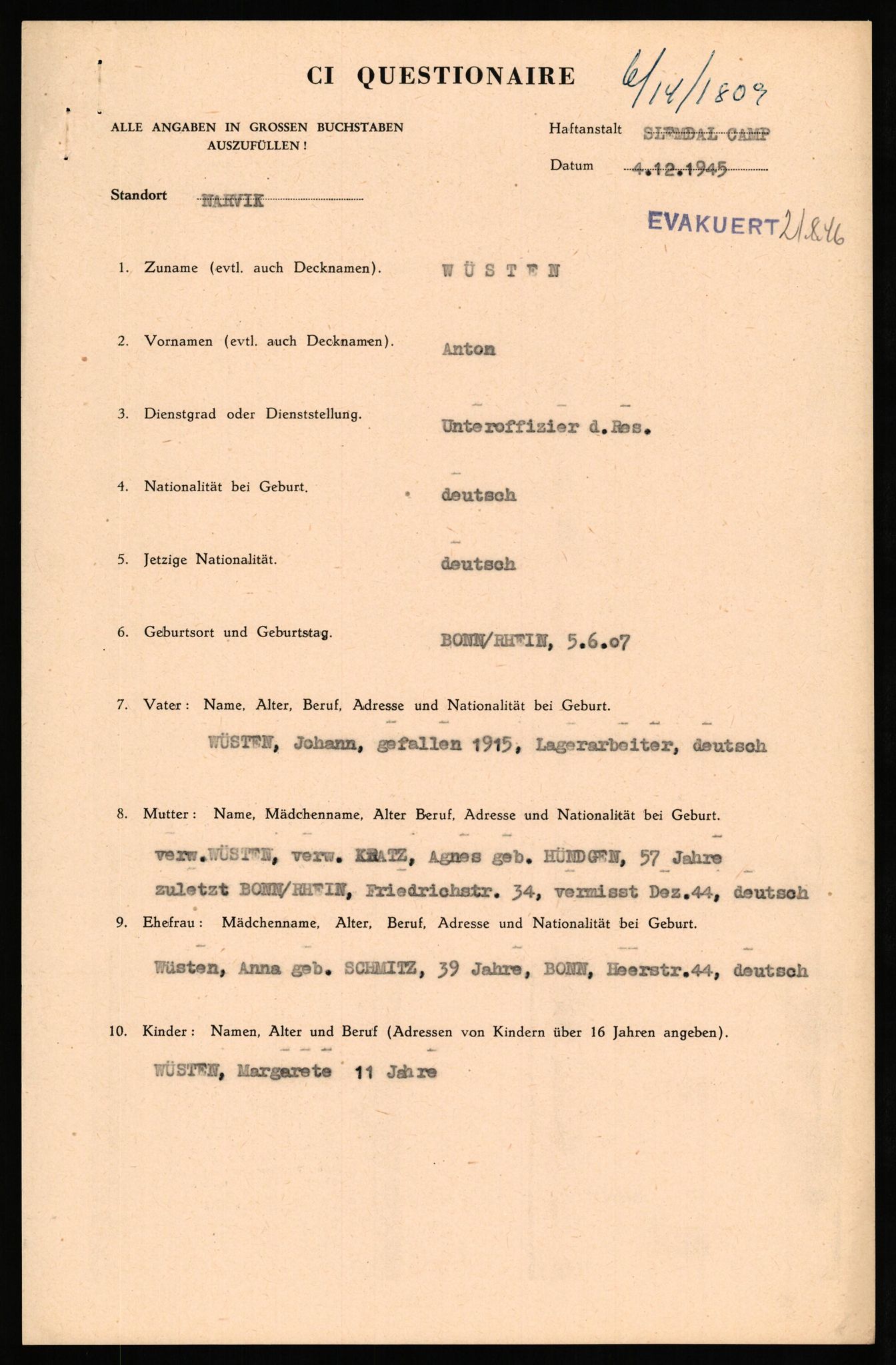 Forsvaret, Forsvarets overkommando II, AV/RA-RAFA-3915/D/Db/L0036: CI Questionaires. Tyske okkupasjonsstyrker i Norge. Tyskere., 1945-1946, p. 506