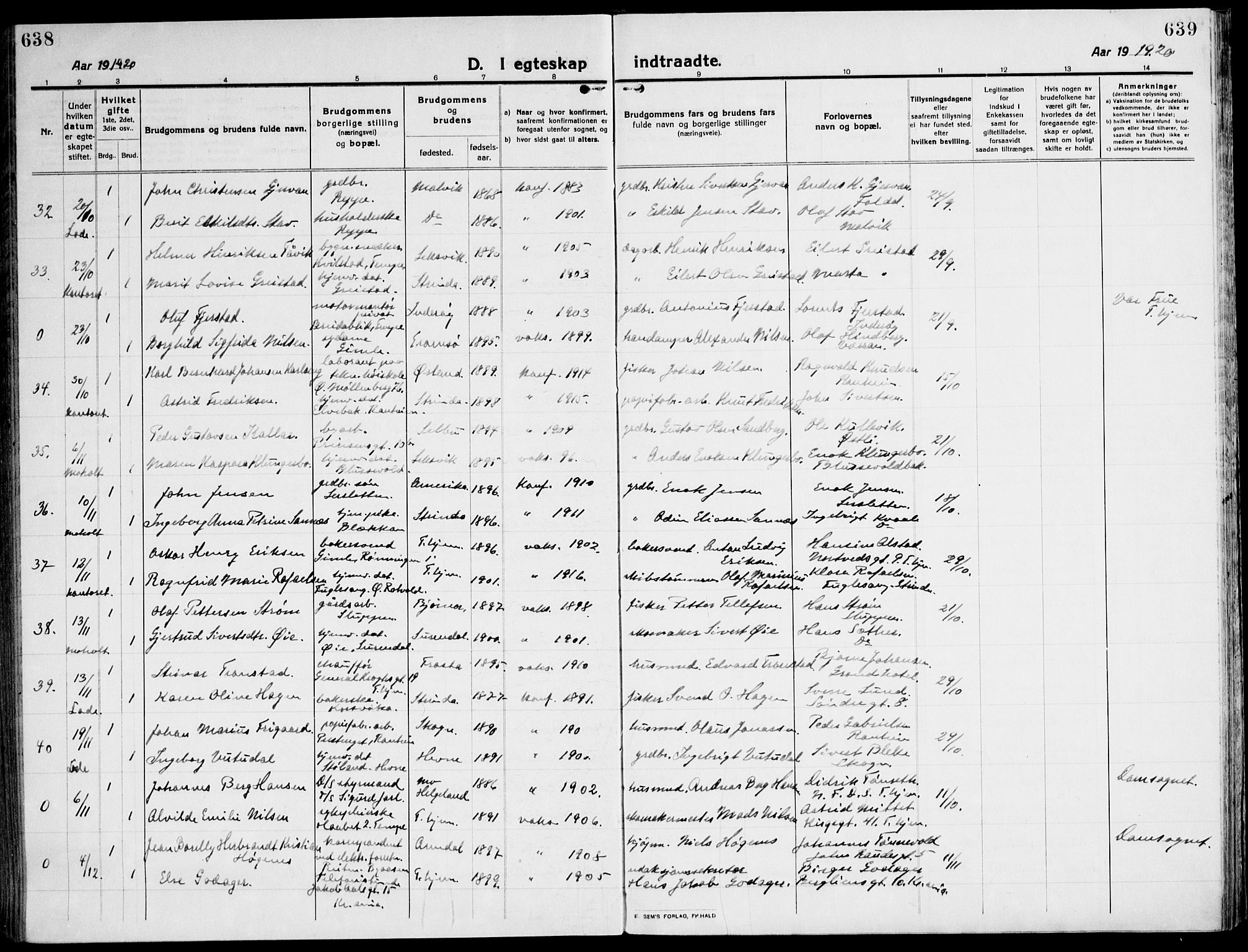 Ministerialprotokoller, klokkerbøker og fødselsregistre - Sør-Trøndelag, SAT/A-1456/607/L0321: Parish register (official) no. 607A05, 1916-1935, p. 638-639