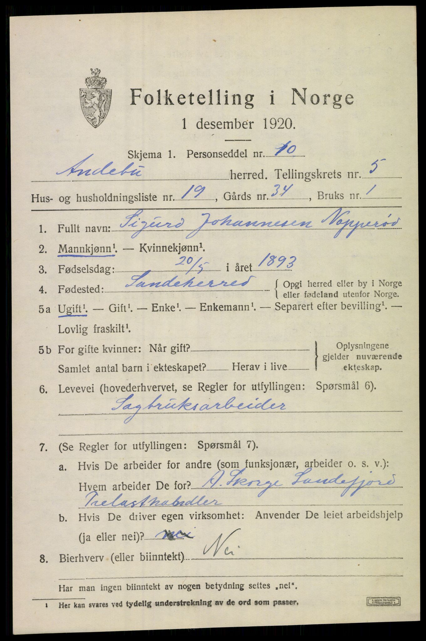 SAKO, 1920 census for Andebu, 1920, p. 2826