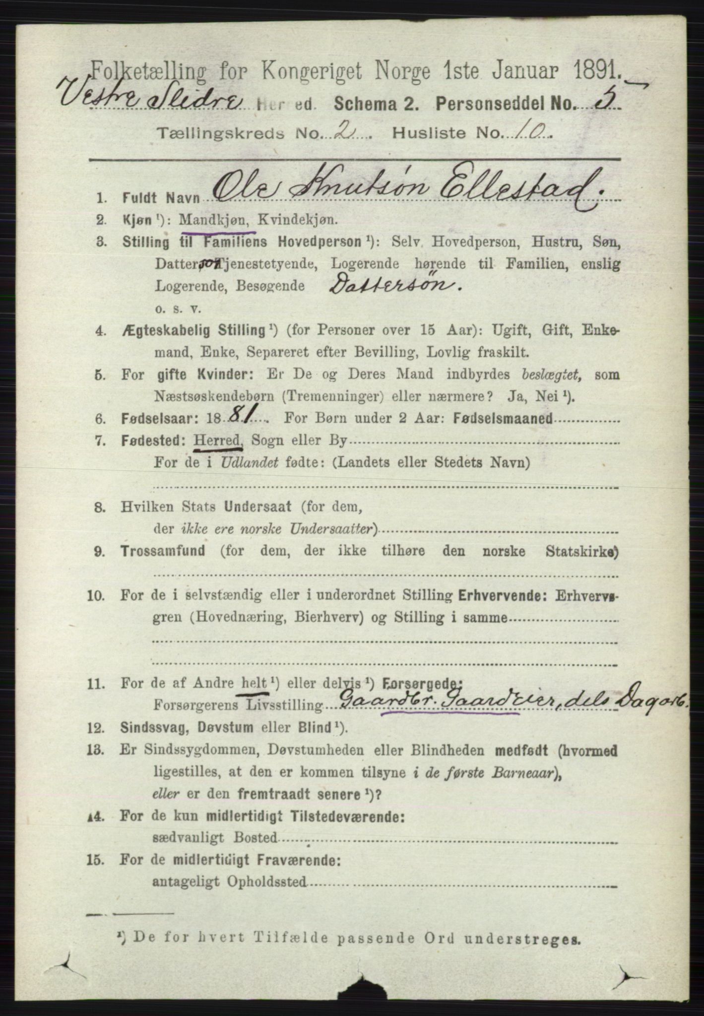 RA, 1891 census for 0543 Vestre Slidre, 1891, p. 584