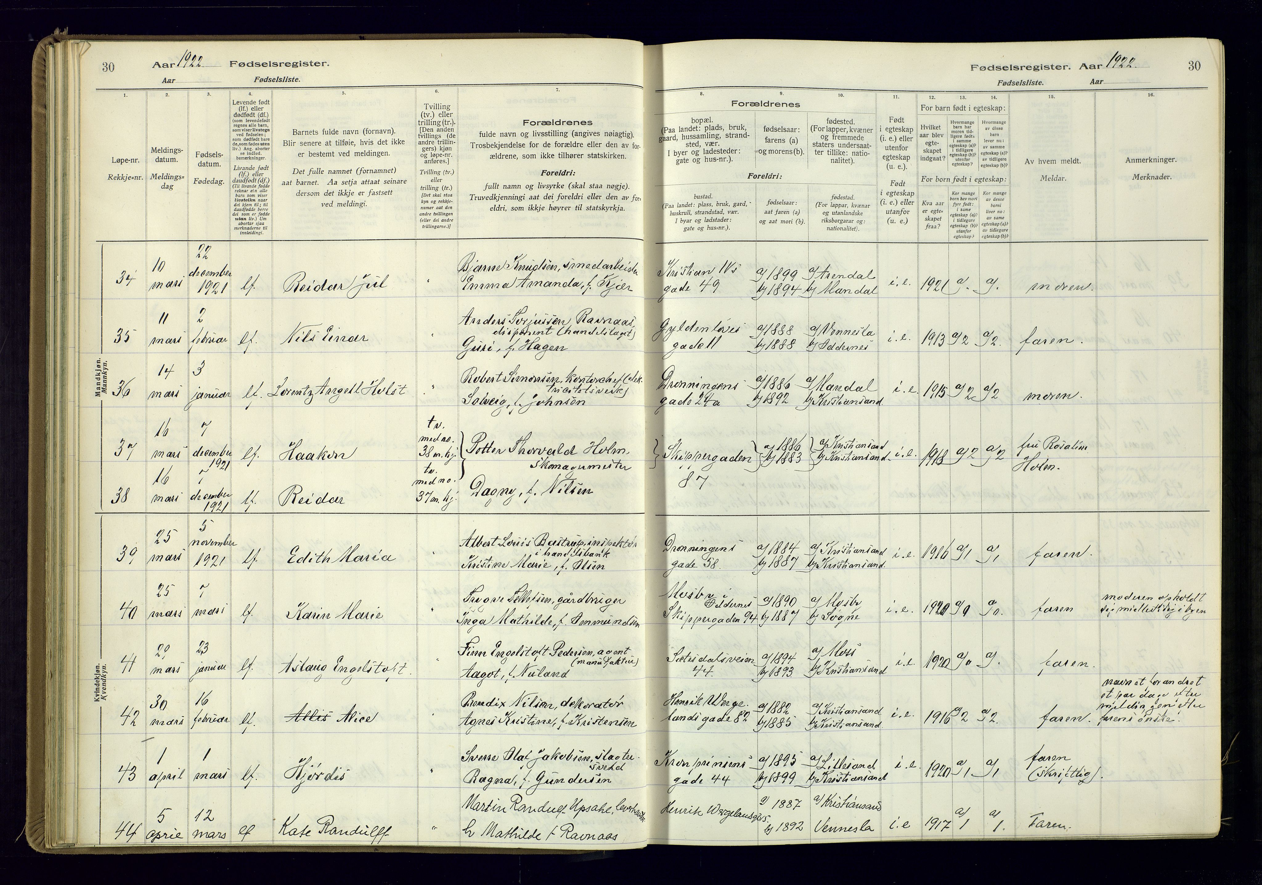 Kristiansand domprosti, AV/SAK-1112-0006/J/Jc/L0002: Birth register no. A-VI-46, 1921-1926, p. 30