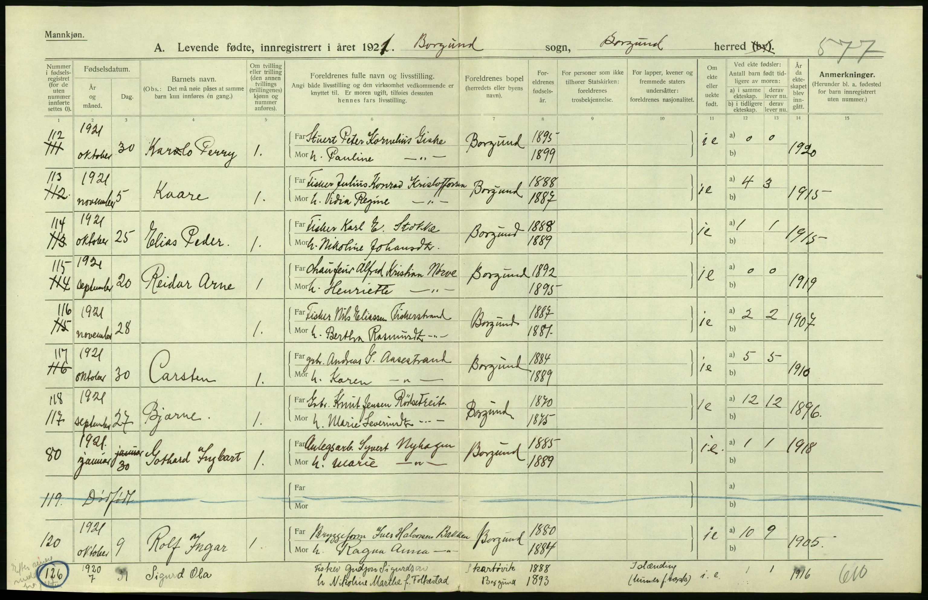 Statistisk sentralbyrå, Sosiodemografiske emner, Befolkning, RA/S-2228/D/Df/Dfc/Dfca/L0040: Møre fylke: Levendefødte menn og kvinner. Bygder., 1921, p. 142