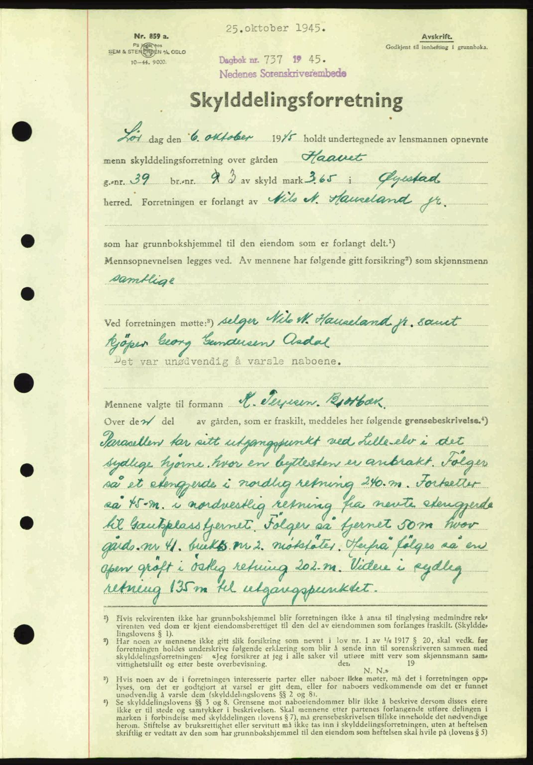 Nedenes sorenskriveri, AV/SAK-1221-0006/G/Gb/Gba/L0053: Mortgage book no. A6b, 1945-1945, Diary no: : 737/1945