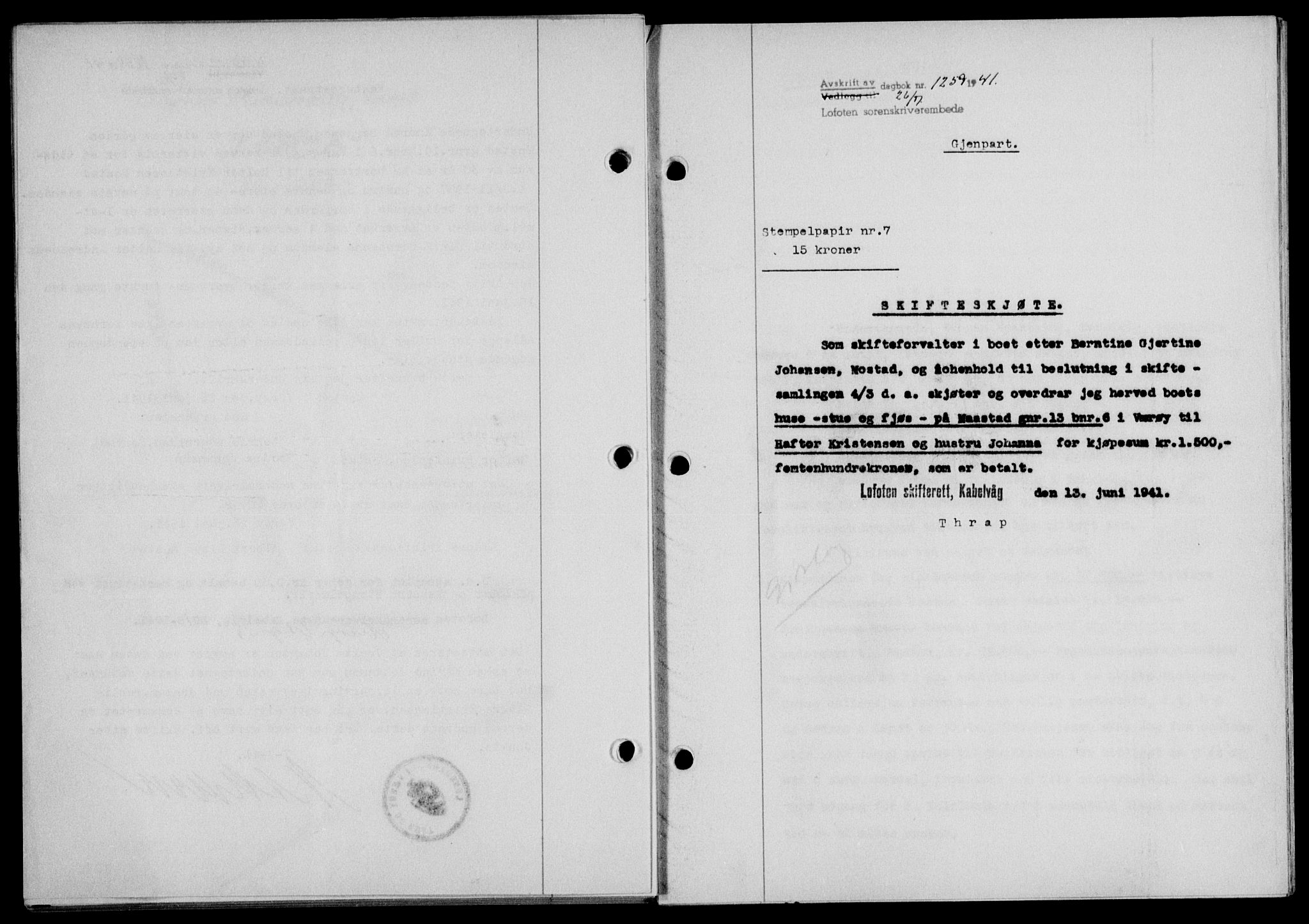 Lofoten sorenskriveri, SAT/A-0017/1/2/2C/L0008a: Mortgage book no. 8a, 1940-1941, Diary no: : 1259/1941