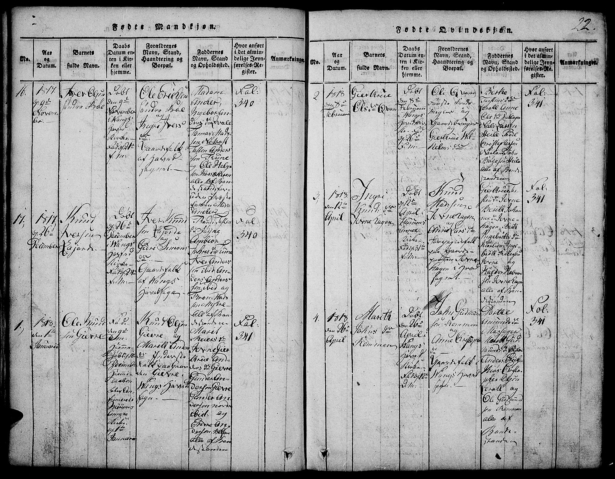 Vang prestekontor, Valdres, SAH/PREST-140/H/Hb/L0002: Parish register (copy) no. 2, 1814-1889, p. 22