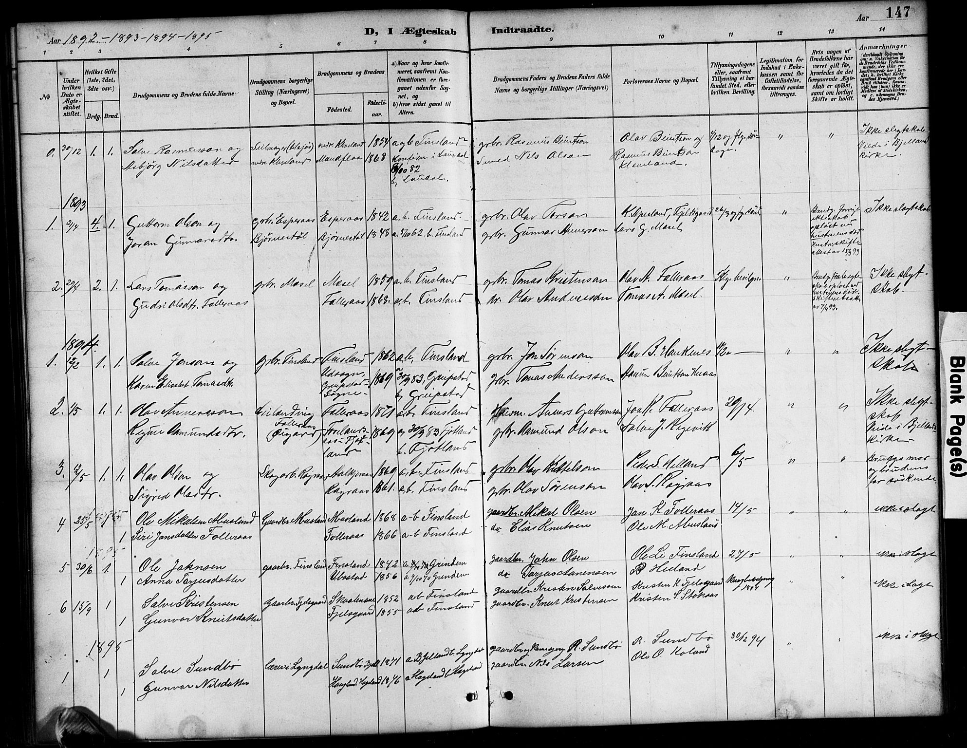 Bjelland sokneprestkontor, SAK/1111-0005/F/Fb/Fbb/L0005: Parish register (copy) no. B 5, 1887-1918, p. 147