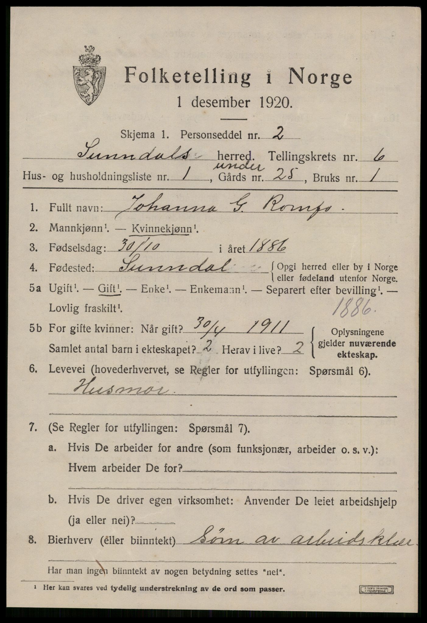 SAT, 1920 census for Sunndal, 1920, p. 3566