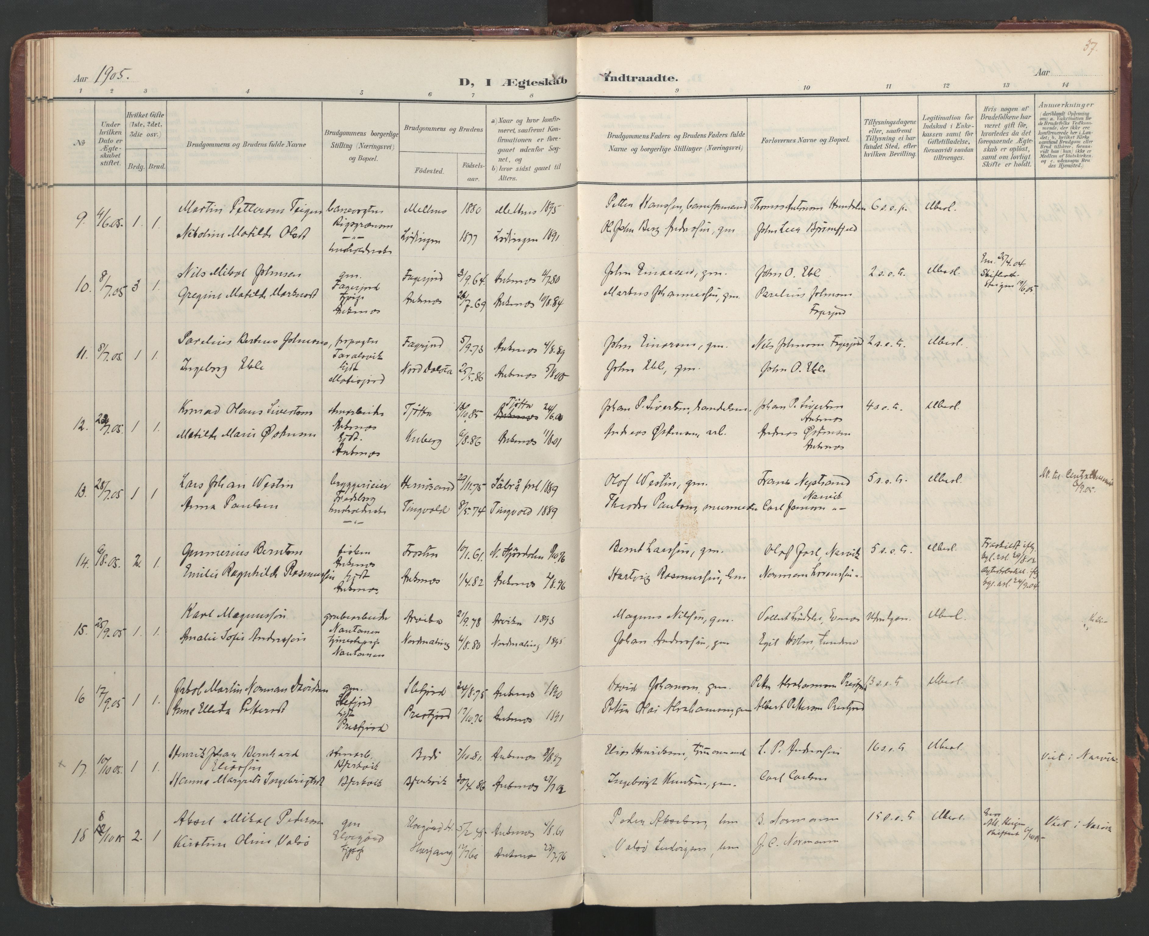 Ministerialprotokoller, klokkerbøker og fødselsregistre - Nordland, AV/SAT-A-1459/866/L0942: Parish register (official) no. 866A05, 1901-1928, p. 37