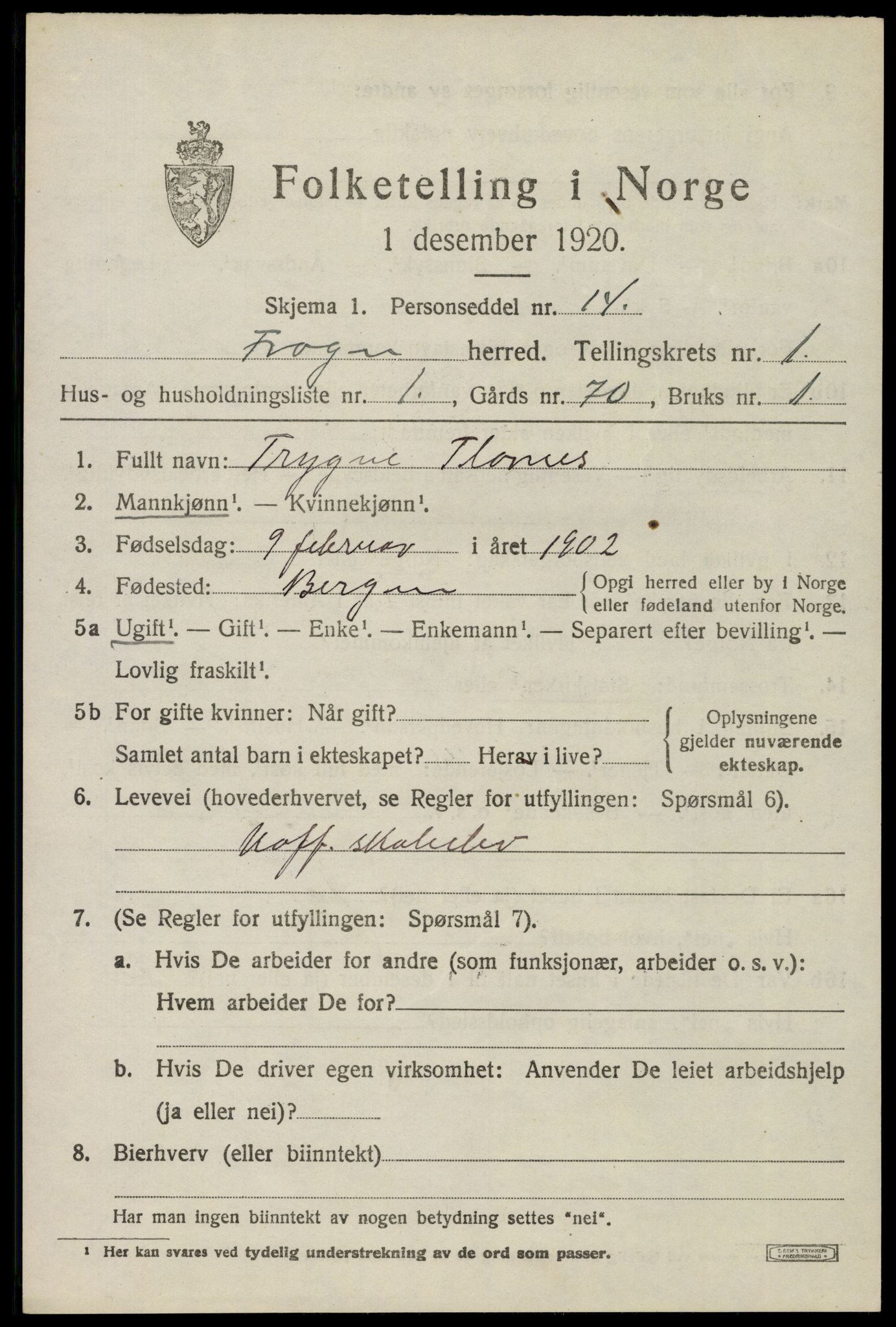 SAO, 1920 census for Frogn, 1920, p. 953