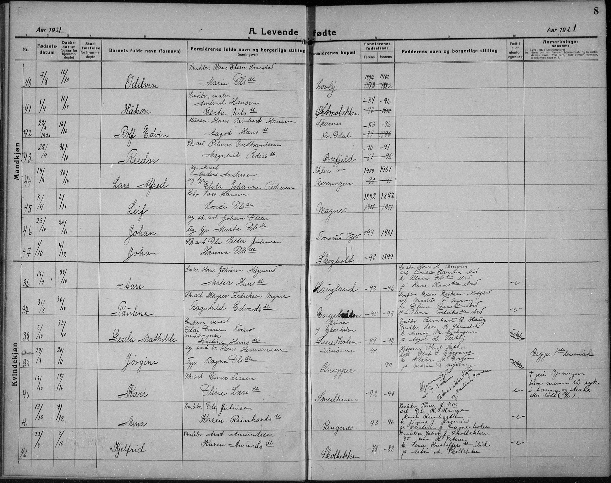 Nord-Odal prestekontor, AV/SAH-PREST-032/H/Ha/Hab/L0004: Parish register (copy) no. 4, 1921-1936, p. 8