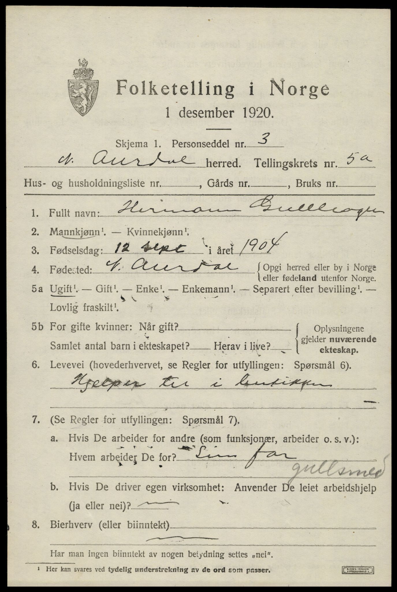 SAH, 1920 census for Nord-Aurdal, 1920, p. 4966