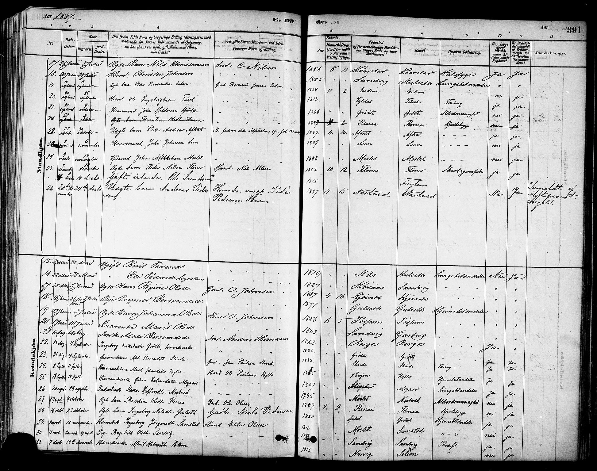 Ministerialprotokoller, klokkerbøker og fødselsregistre - Sør-Trøndelag, SAT/A-1456/695/L1148: Parish register (official) no. 695A08, 1878-1891, p. 391
