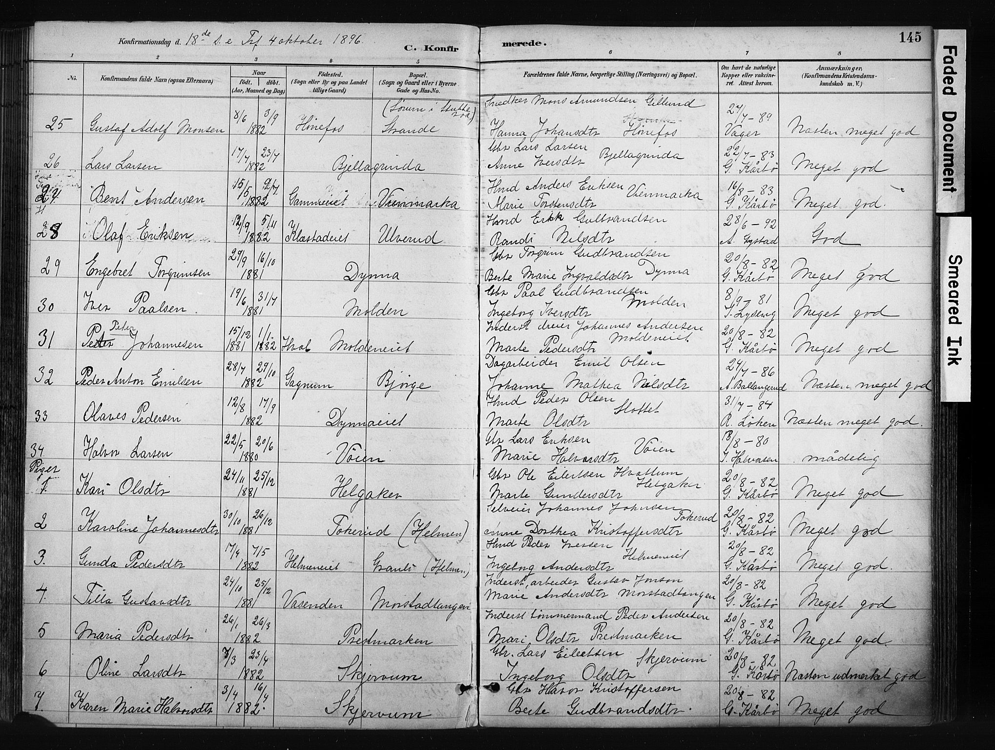 Gran prestekontor, SAH/PREST-112/H/Ha/Haa/L0017: Parish register (official) no. 17, 1889-1897, p. 145